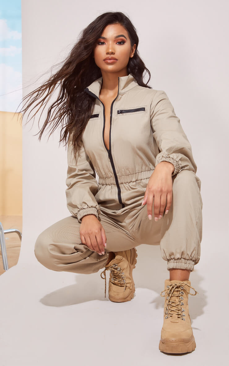 SAND UTILITY CONTRAST ZIP JUMPSUIT