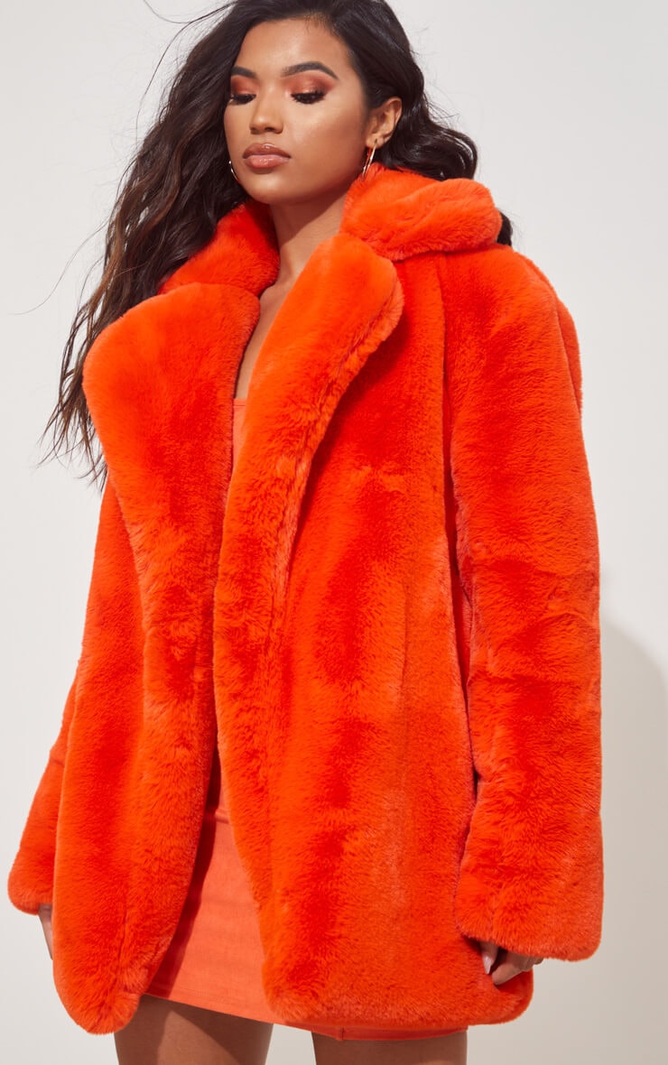 ORANGE FAUX FUR OVERSIZED COLLAR COAT