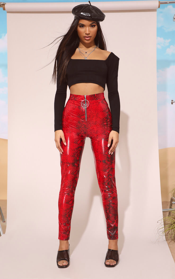 RED SNAKE VINYL ZIP FRONT TROUSERS