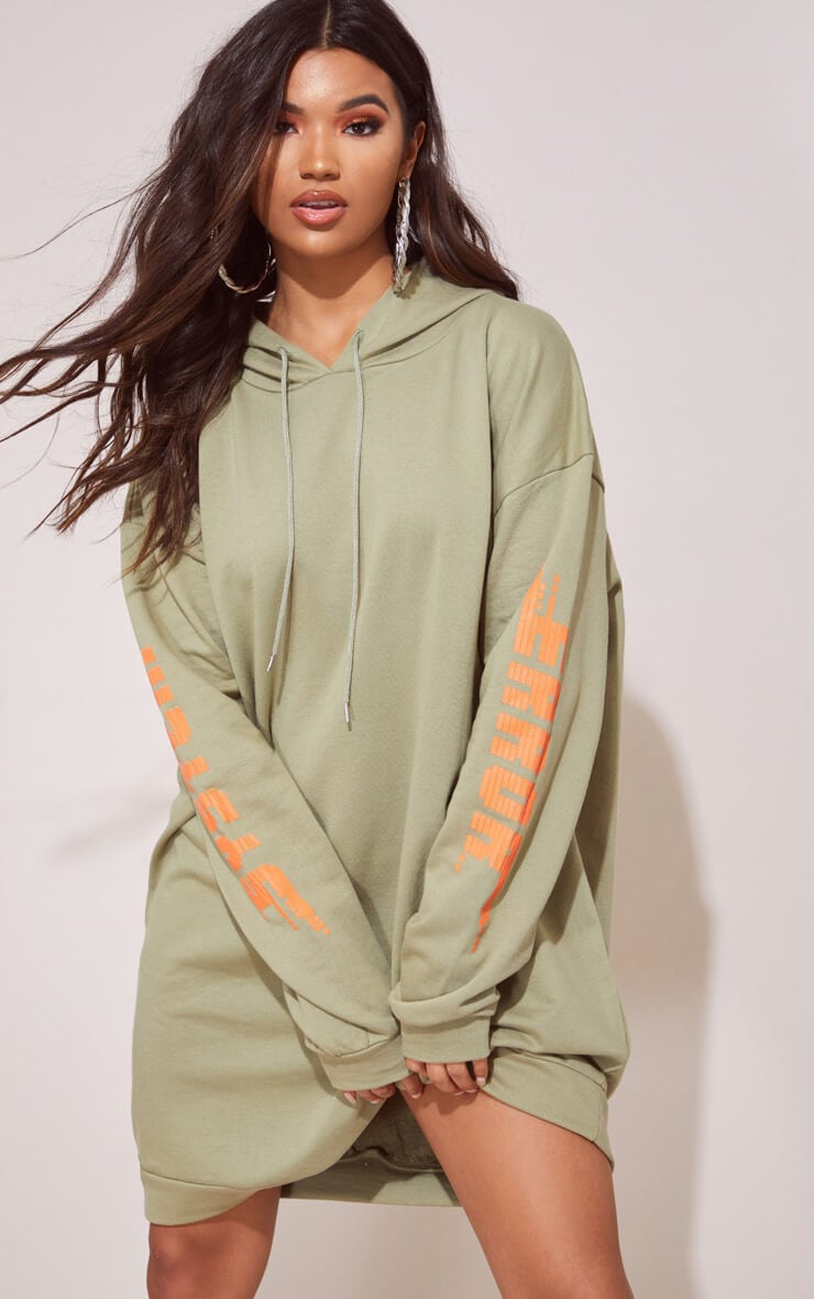KHAKI OVERSIZED SLOGAN JUMPER DRESS