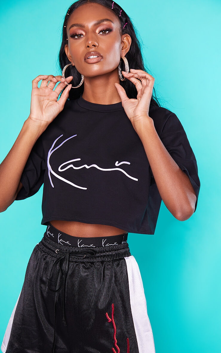 KARL KANI Black Embroidered Crop T Shirt