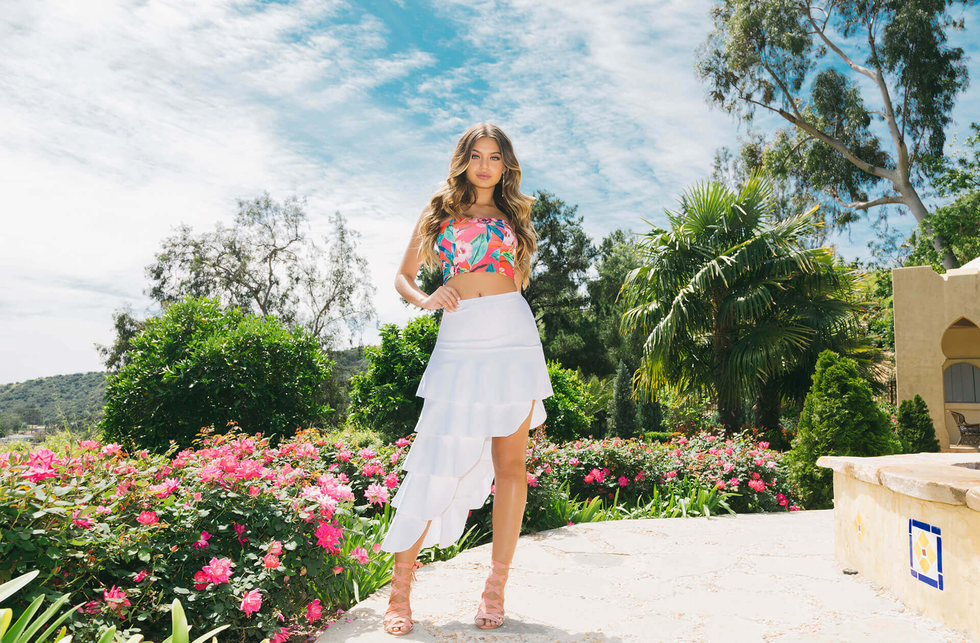 Hot Pink Tropical Print Bandeau Crop Top, White Tiered Split Maxi Skirt