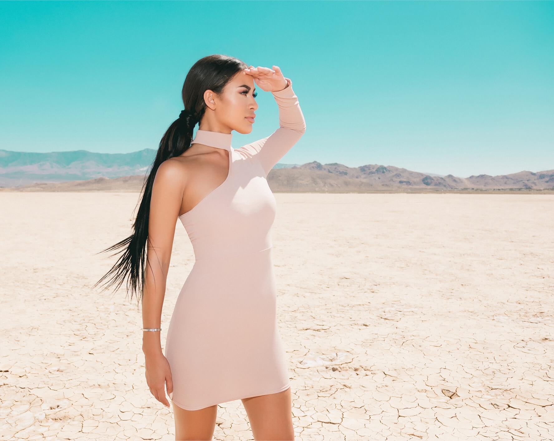 Nude High Neck One Sleeve Bodycon Dress
