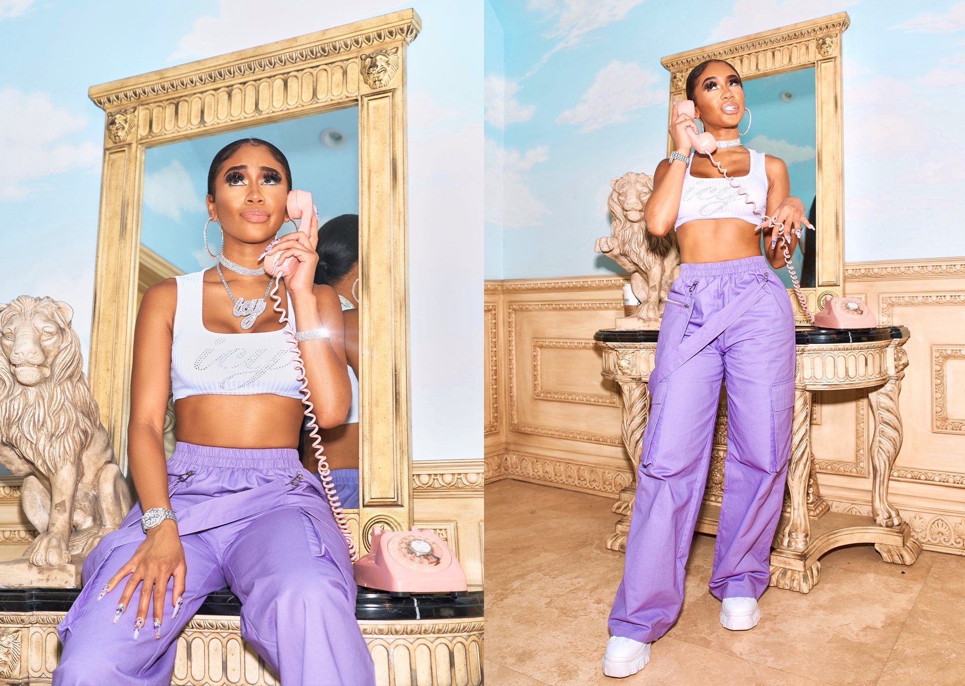 White crop top and purple cargo trousers