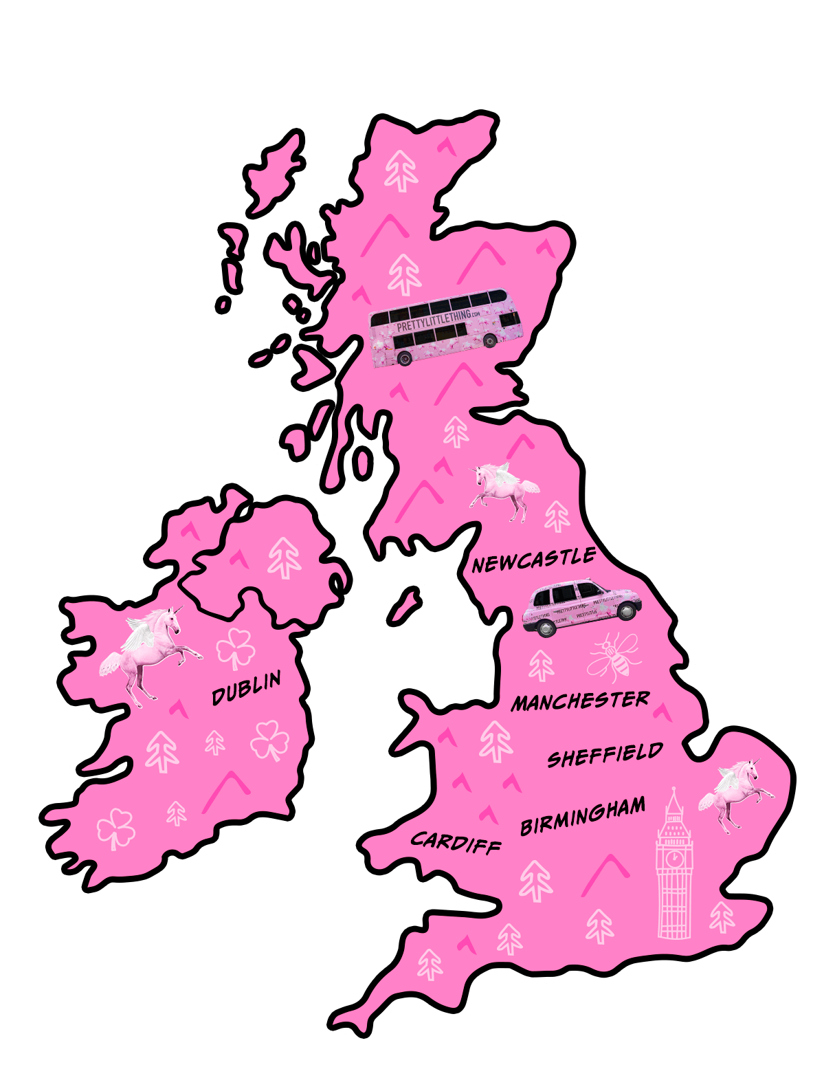 A pink map of the UK featuring UK tour locations