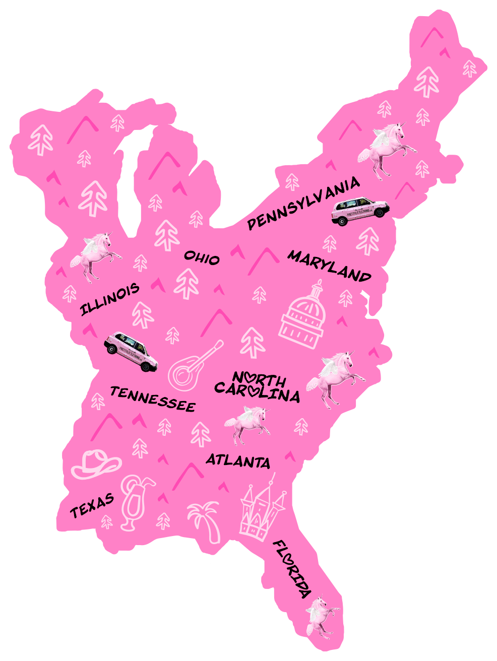 A pink map of the US featuring US tour locations