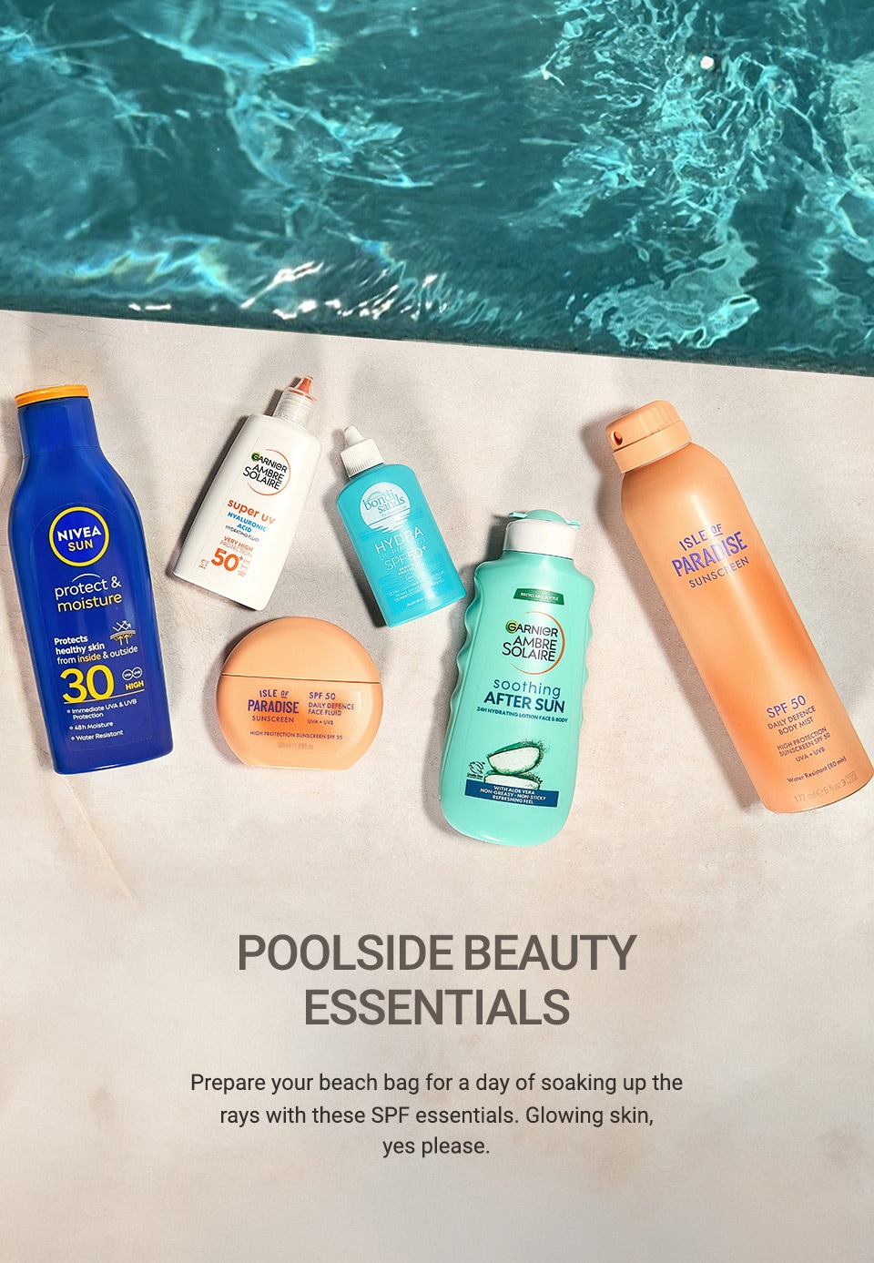 Bottles of suncare products on the side of a swimming pool