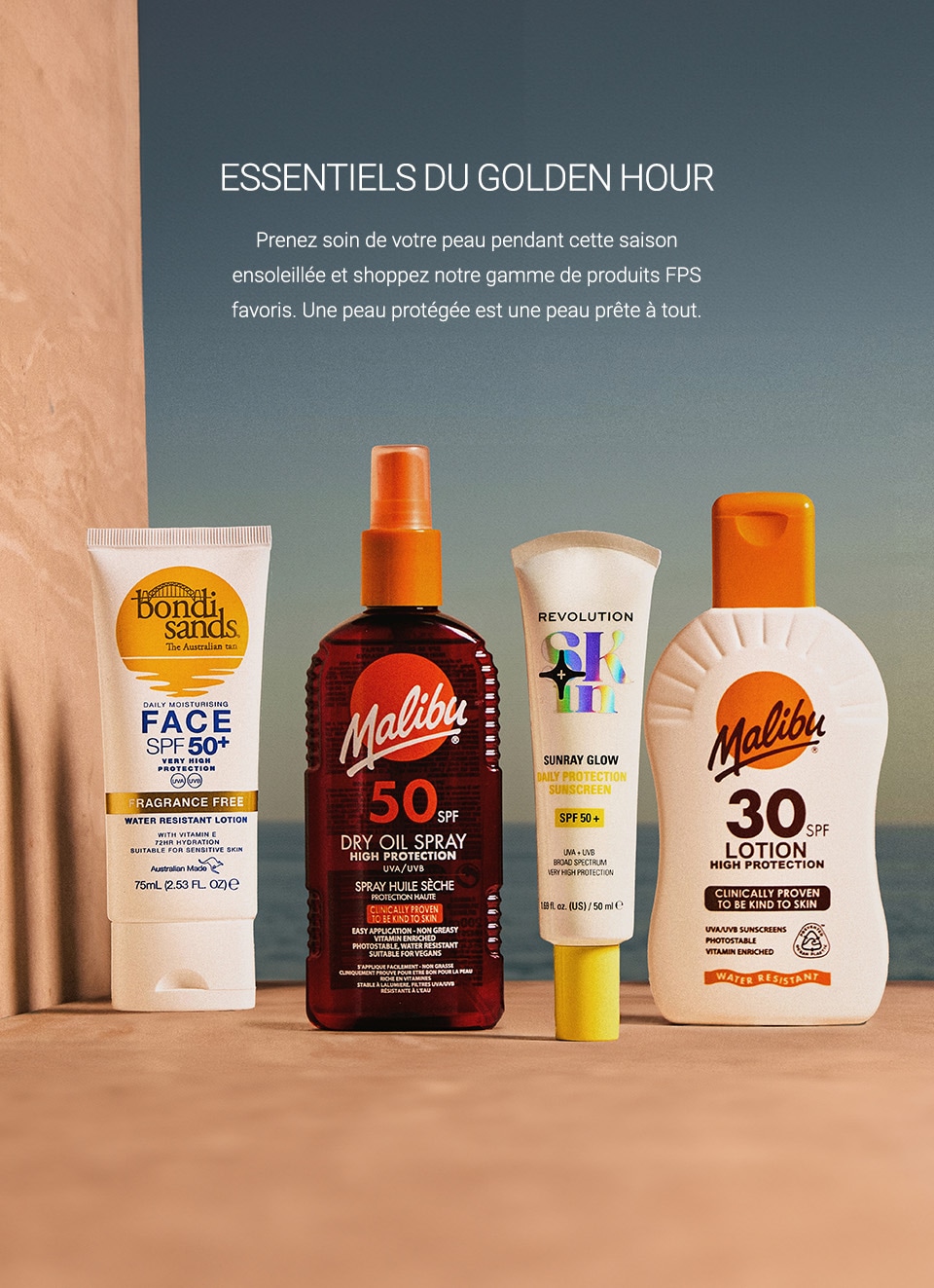 Produits solaires sur la plage