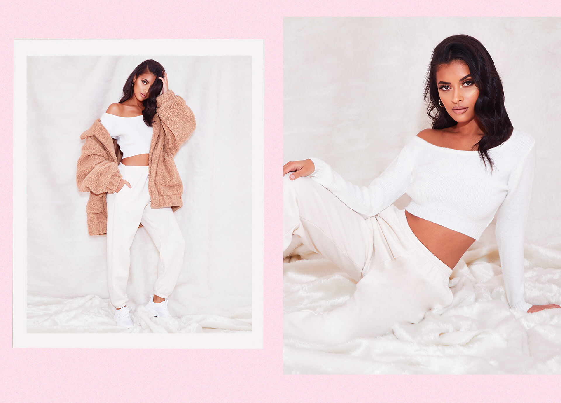 Cream V Neck Off Shoulder Knitted Cropped Sweater , Cream Casual Track Pants , Camel Oversized Borg Pocket Front Coat