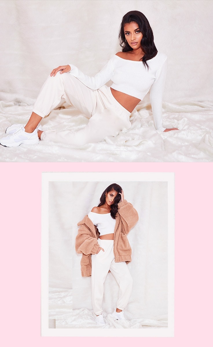 Cream V Neck Off Shoulder Knitted Cropped Sweater , Cream Casual Track Pants , Camel Oversized Borg Pocket Front Coat