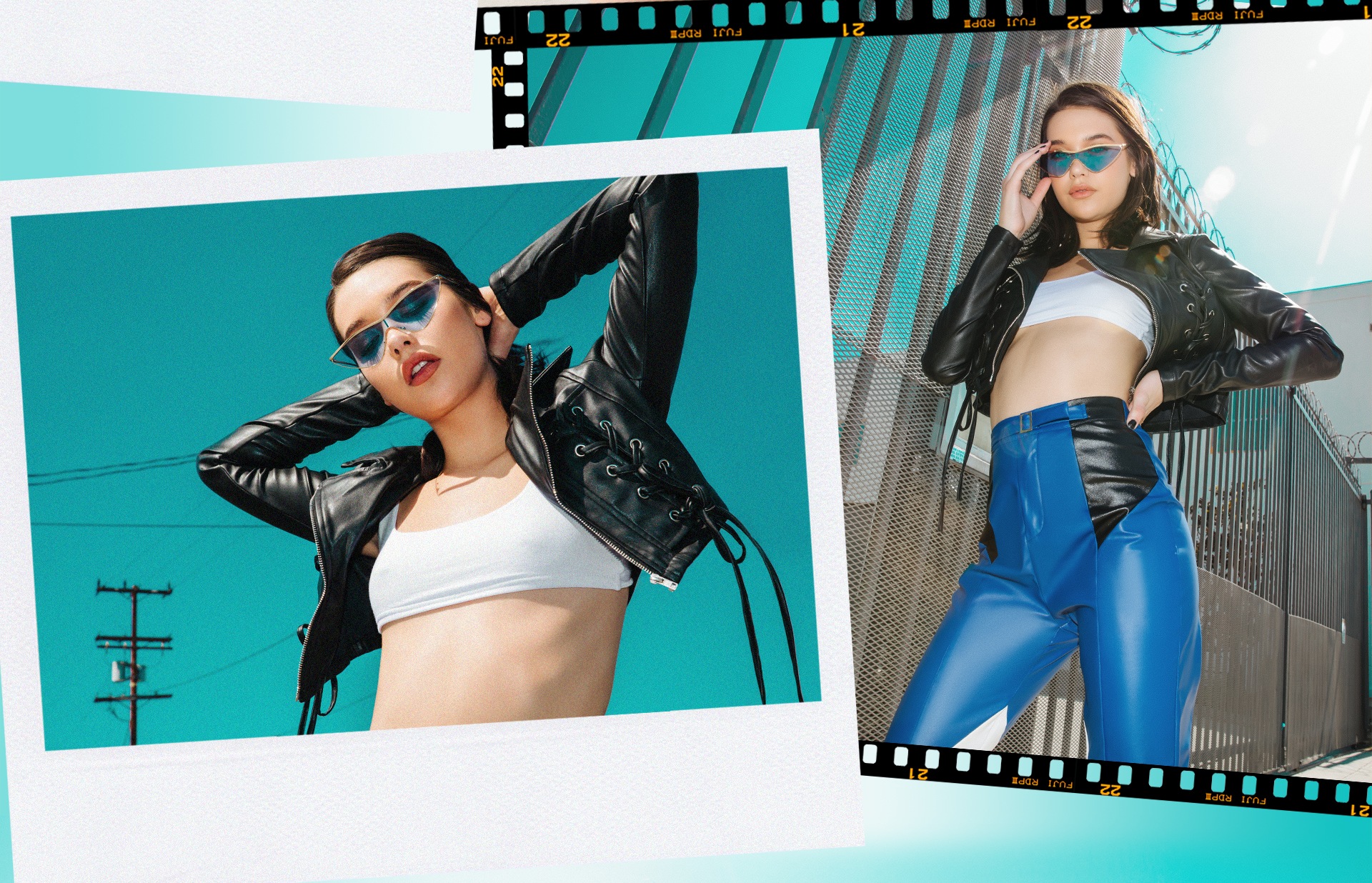 Amanda Steele Shoot 2 White Crop Top & Blue Leather Trousers Desktop