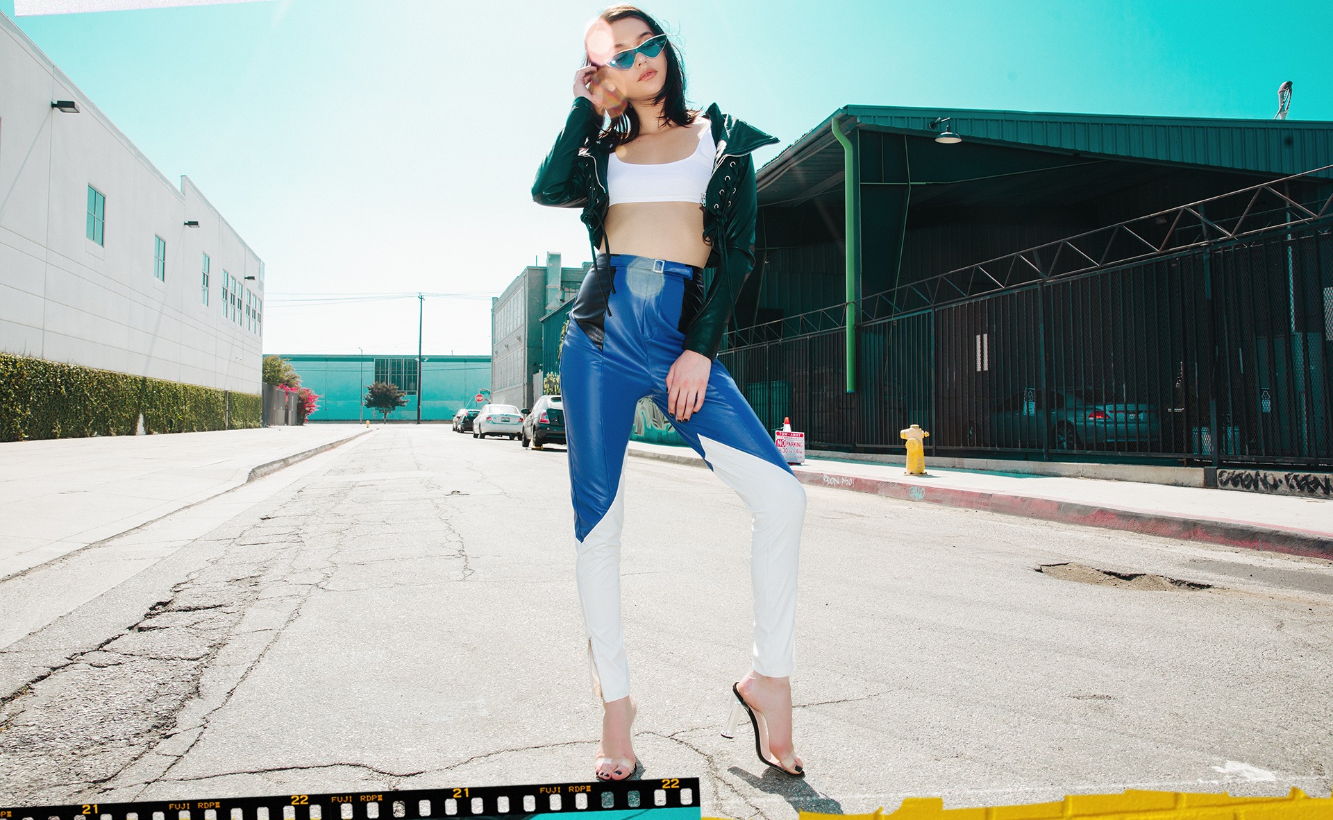 Amanda Steele Shoot 3 White Crop Top & Blue Leather Trousers Desktop