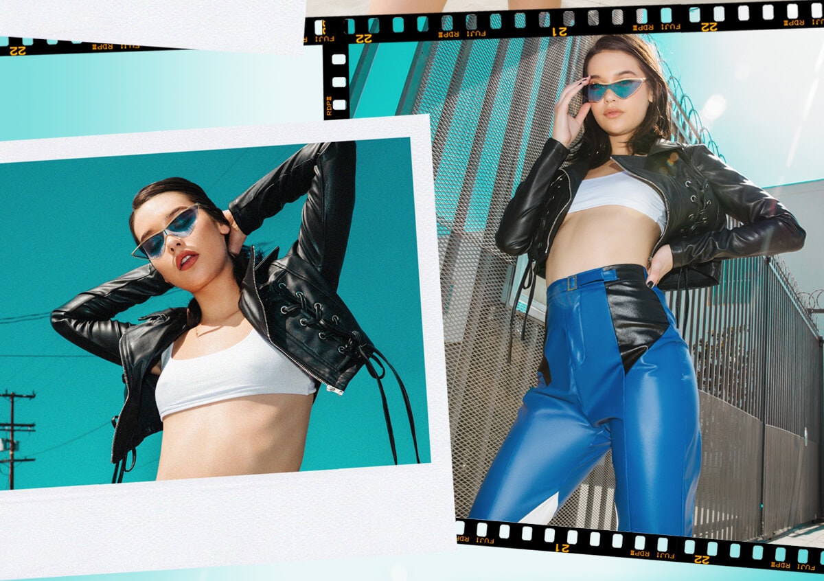 Amanda Steele Shoot 2 White Crop Top & Blue Leather Trousers Mobile