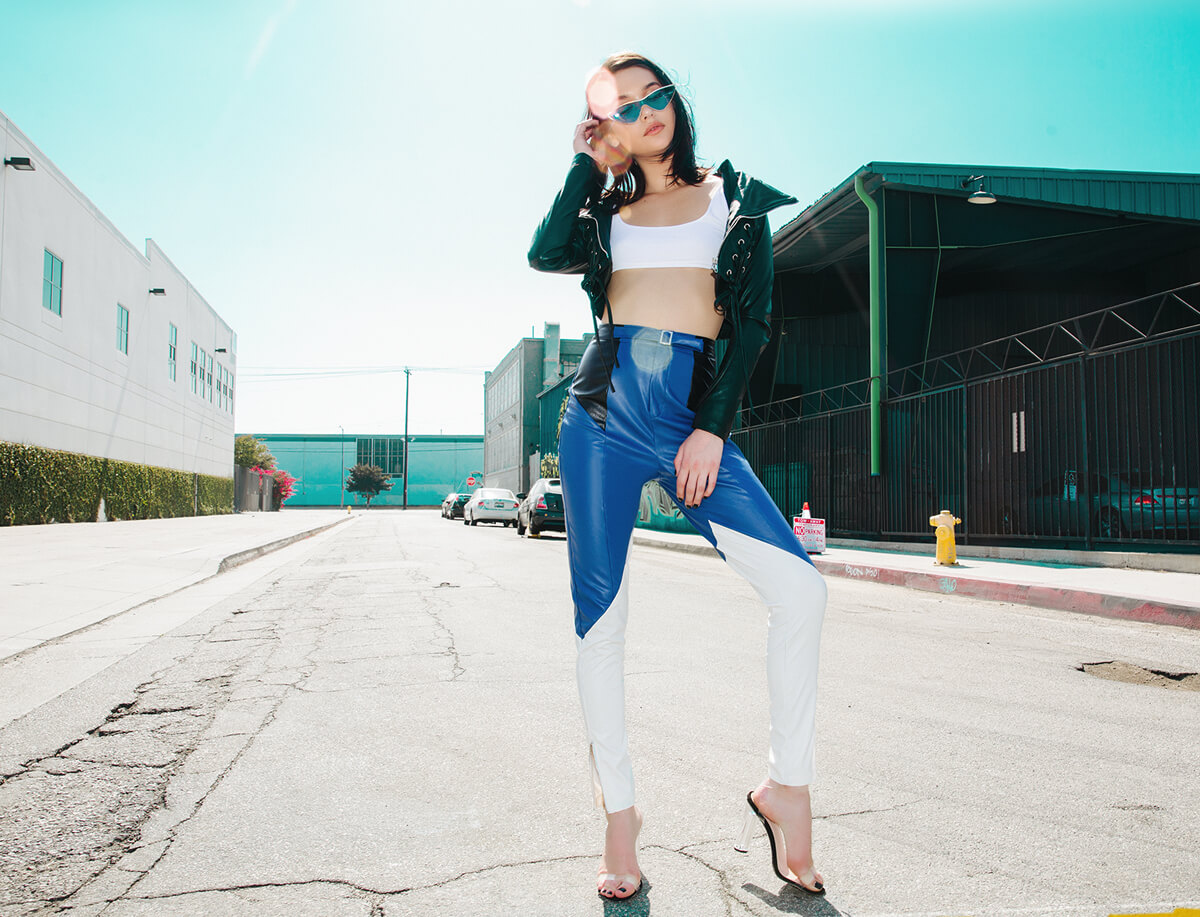Amanda Steele Shoot 3 White Crop Top & Blue Leather Trousers Mobile