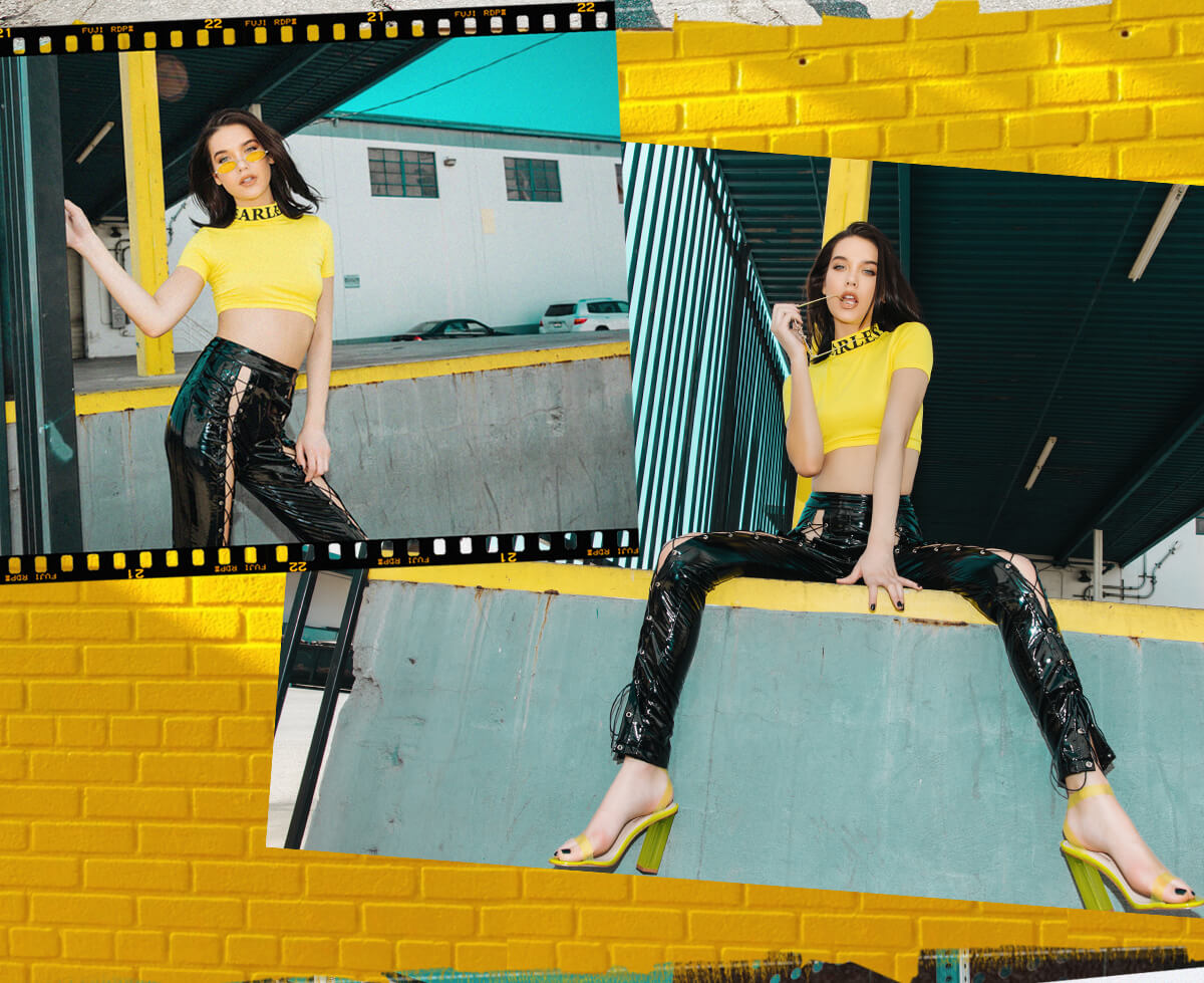 Amanda Steele Shoot 4 Yellow Crop Top & Black Vinyl Trousers Mobile