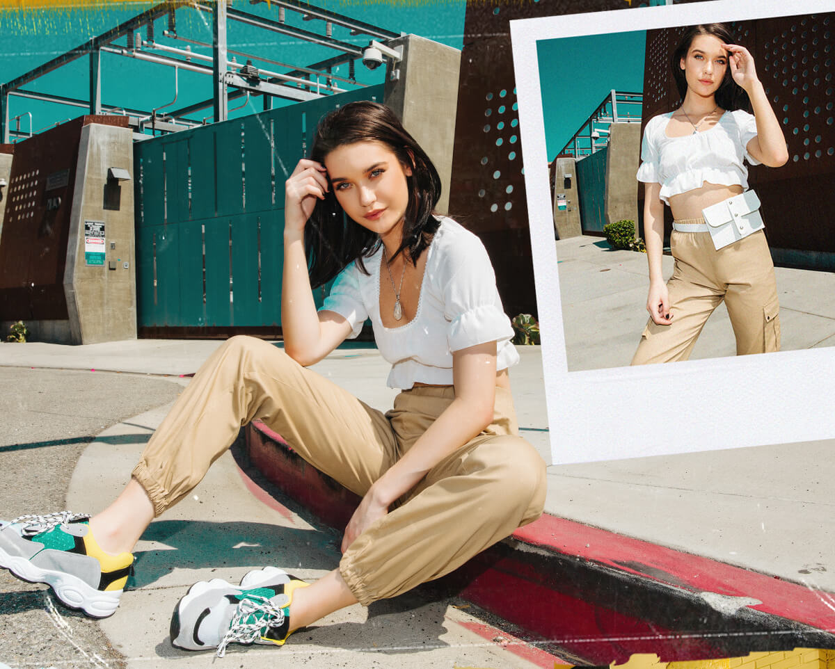 Amanda Steele Shoot 5 White Flow Crop Top & Beige Cargo Trousers Mobile