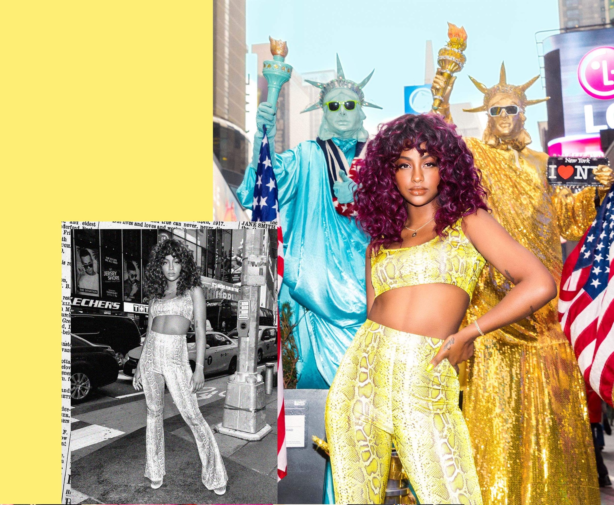 Justine Skye Shoot 10 Yellow Snake Print Crop Top & Yellow Snake Print Trousers Desktop