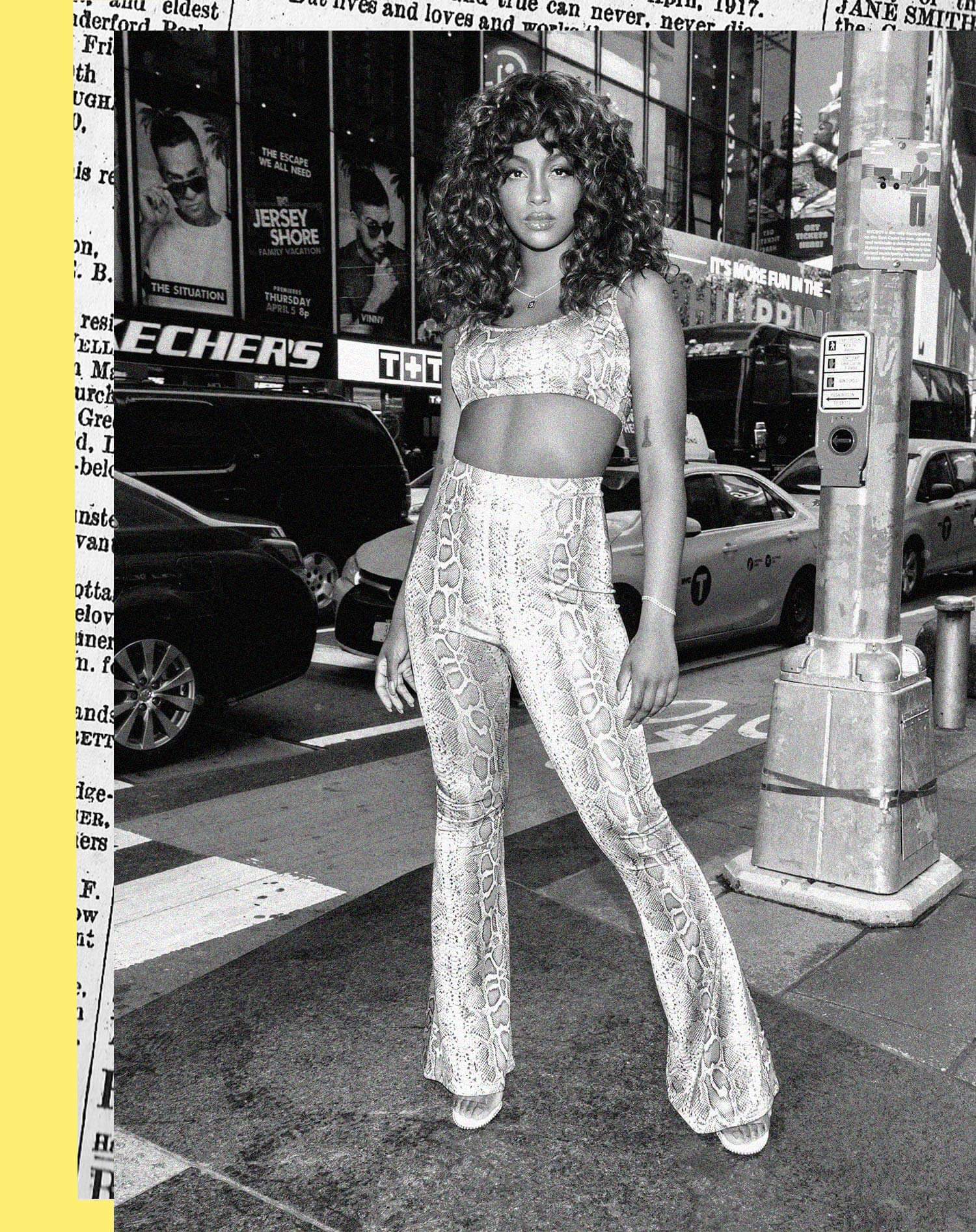 Justine Skye Shoot 15 Yellow Snake Print Crop Top & Yellow Snake Print Trousers Mobile