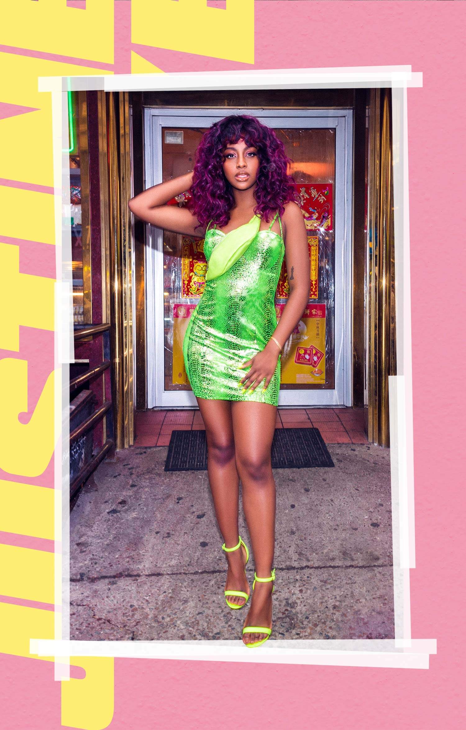 Justine Skye Shoot 6 Green Snake Print Dress Mobile