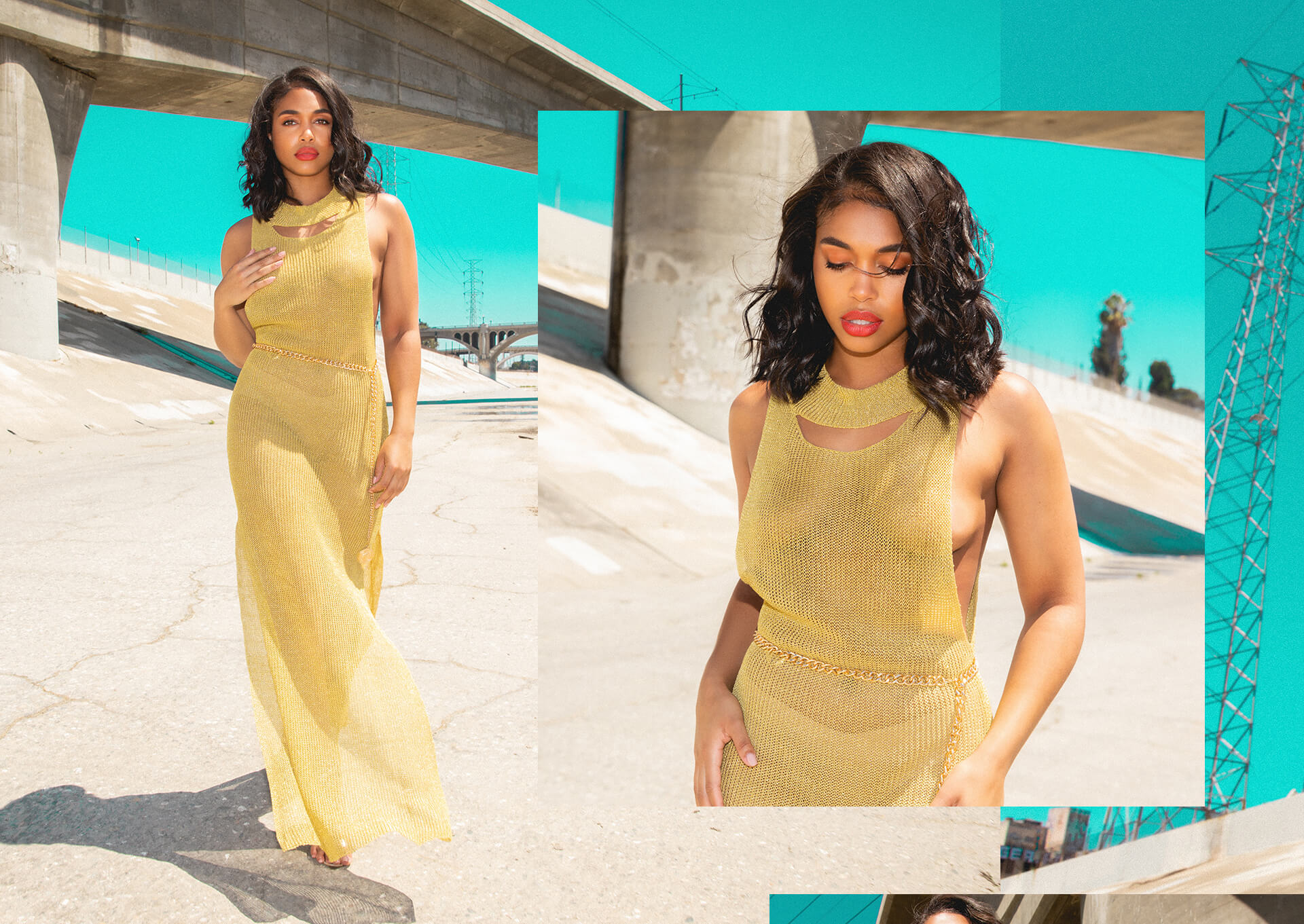 Lori Harvey Shoot 3 White Crop Top & Blue Leather Trousers Desktop
