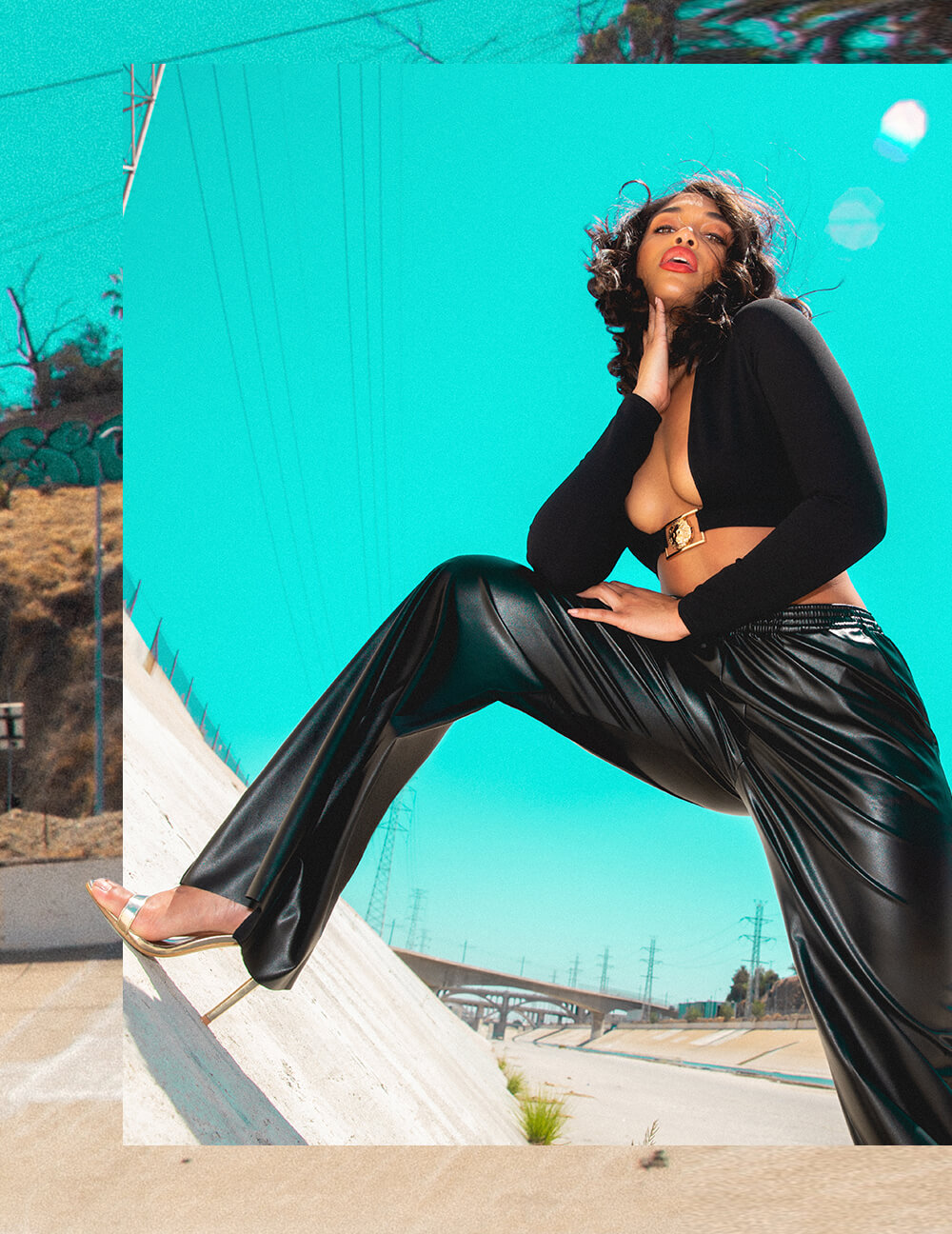 Lori Harvey Shoot 1 Black Plunge Crop Top & Black Faux Leather Trousers Mobile
