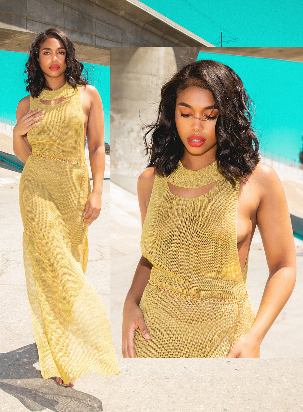 Lori Harvey Shoot 3 Gold Metallic Maxi Dress Mobile