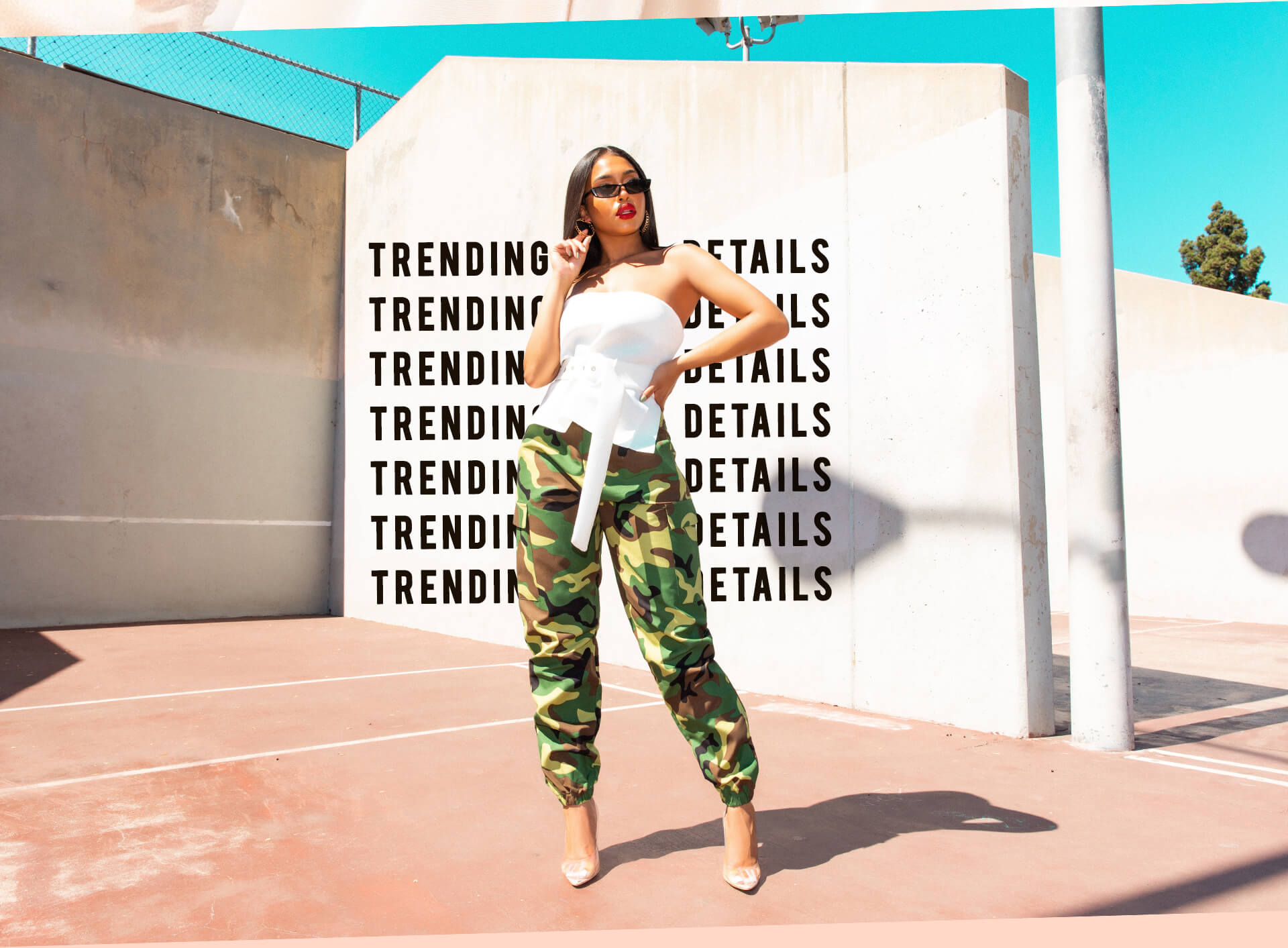 Lori Harvey Shoot 5 White Flow Crop Top & Beige Cargo Trousers Desktop