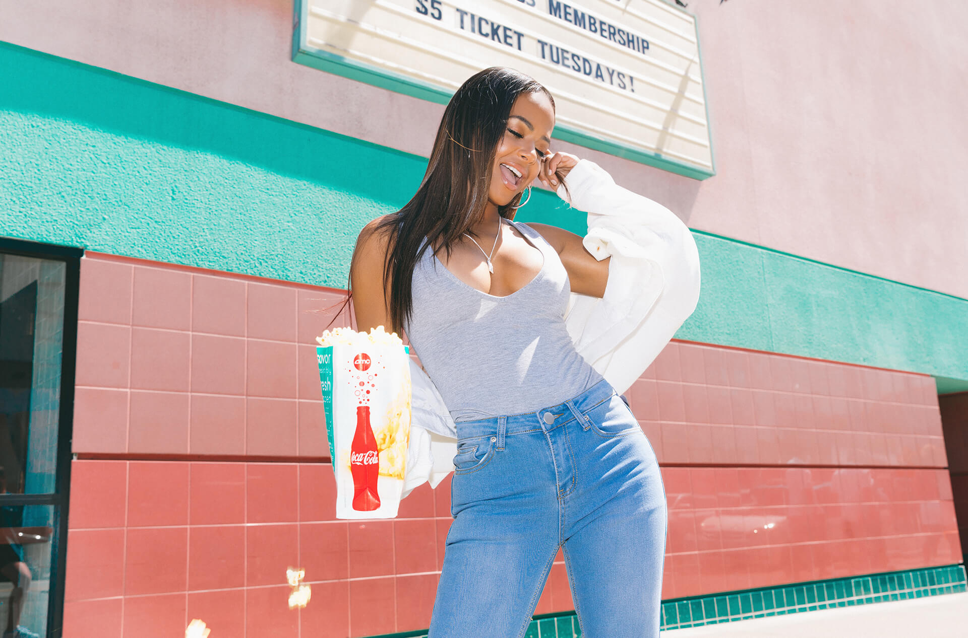 Grey Petite bodysuit and light wash denim jeans desktop