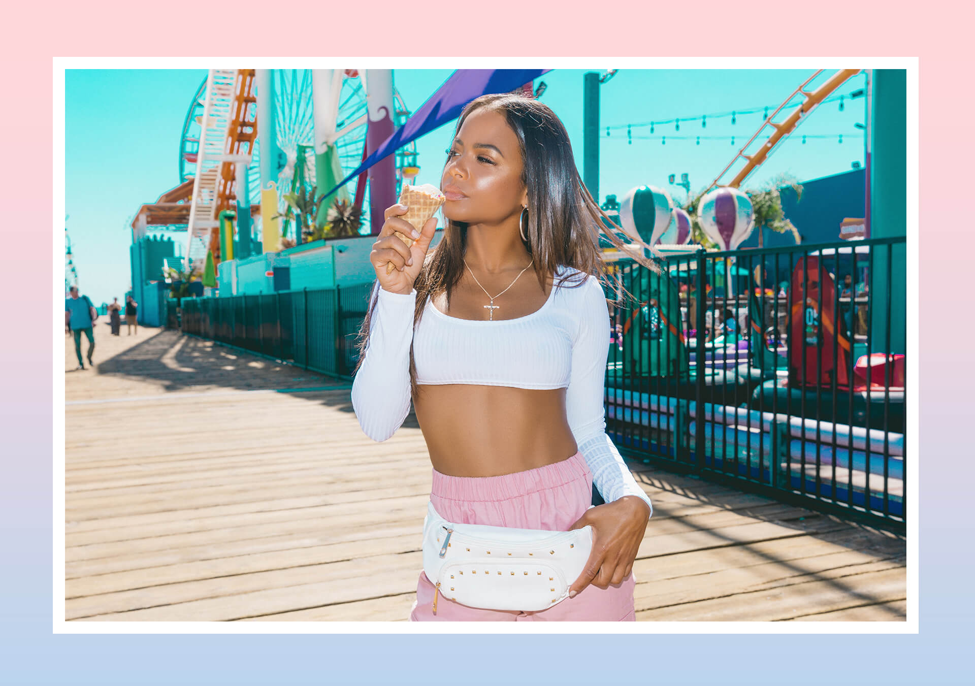 White Long Sleeve Crop Top and Pink Button Cargo Trousers Desktop