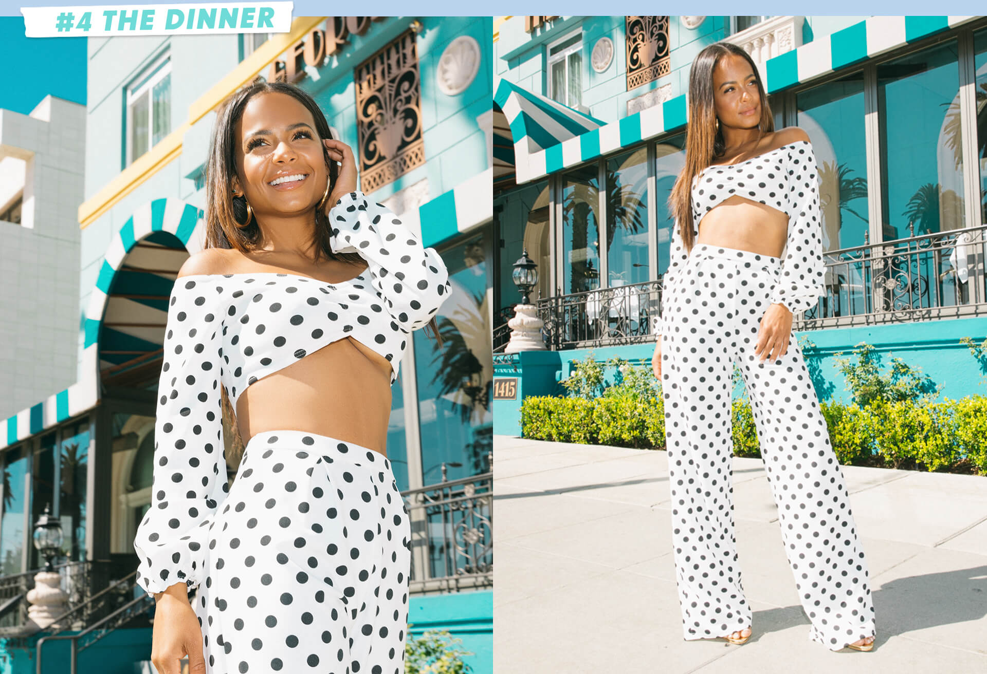 White Polka Dot long sleeve crop top and polka dot wide leg trousers desktop