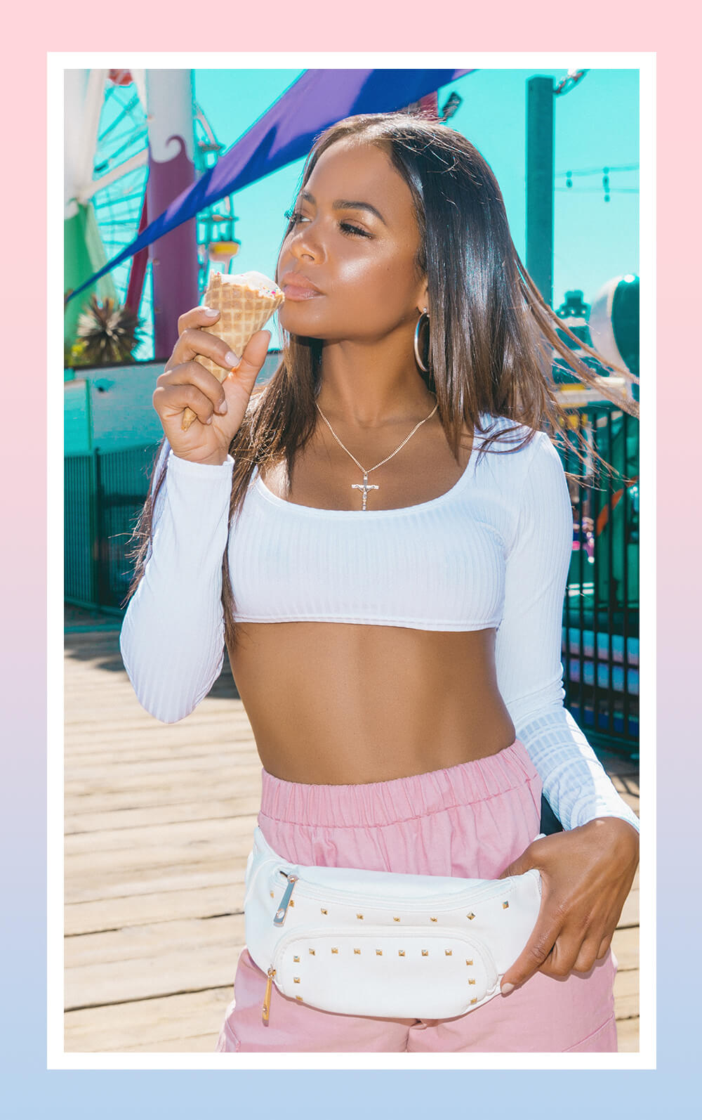 White Long Sleeve Crop Top and Pink Button Cargo Trousers Desktop