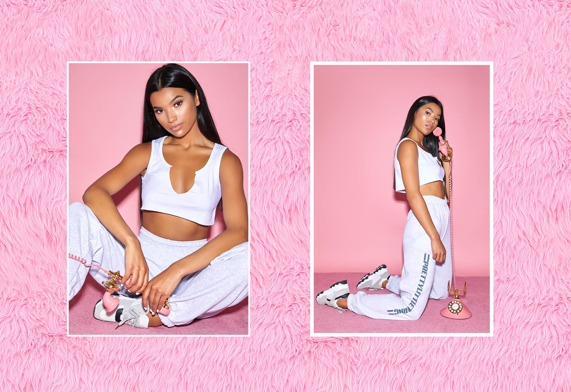 white cropped v neck basic shirt and prettylittlething grey jogger bottoms desktop