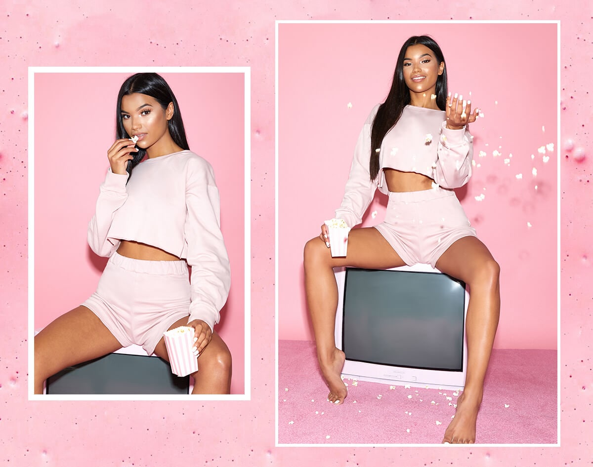 pink cropped sweater and high waisted pink shorts mobile