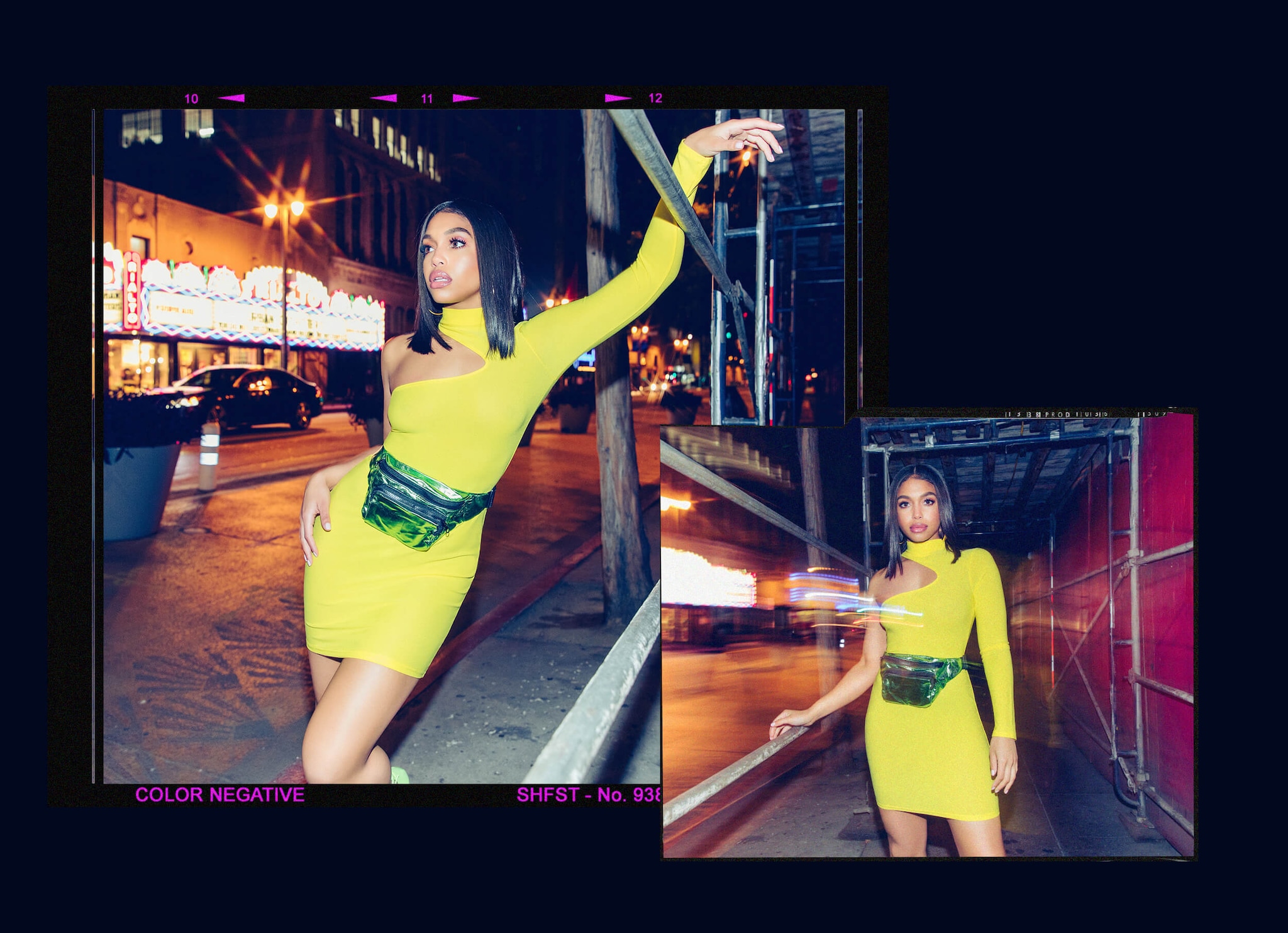 yellow high neck asymmetric sleeve bodycon dress desktop