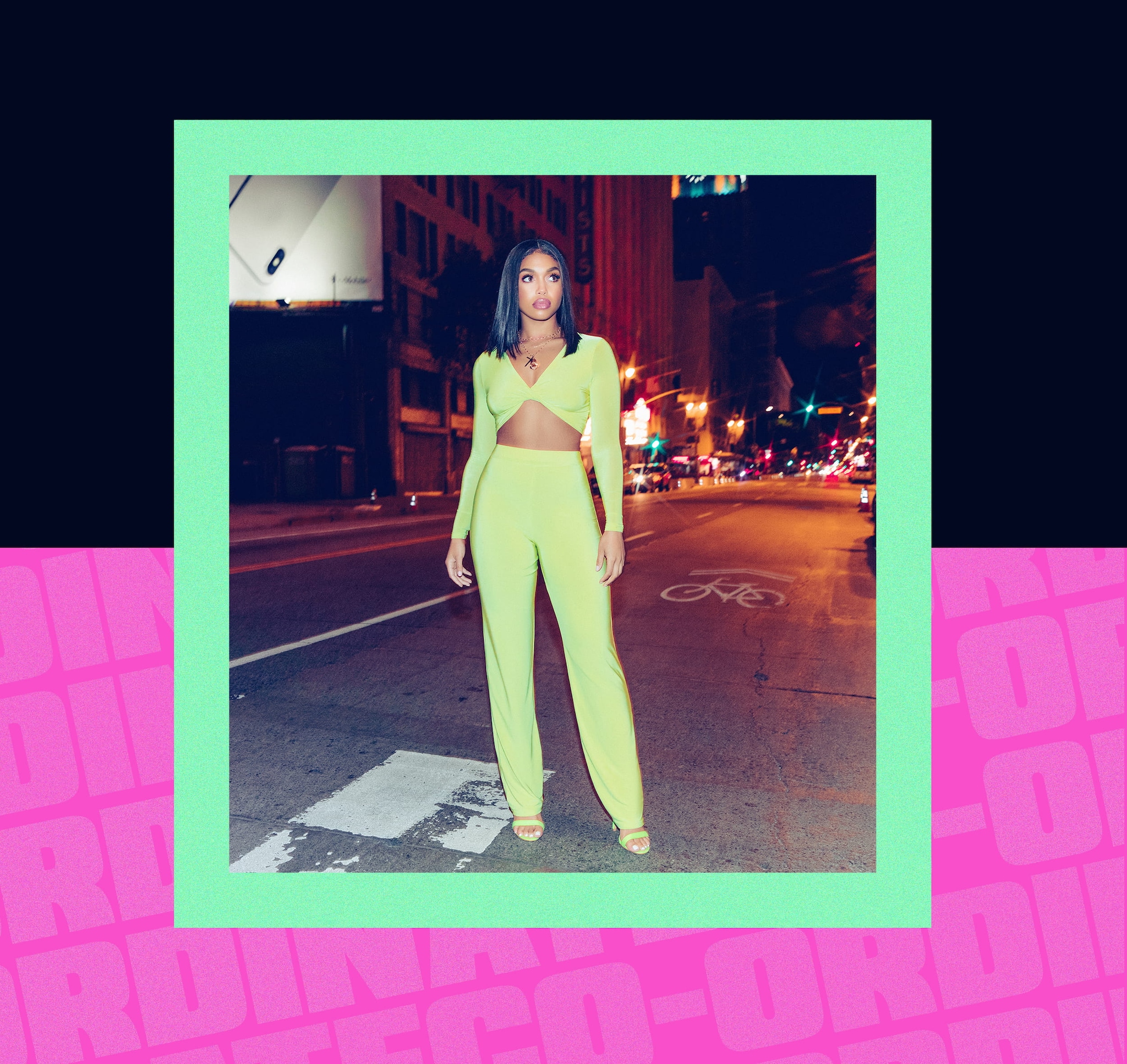 lime slinky twist front crop top and wide leg trousers desktop