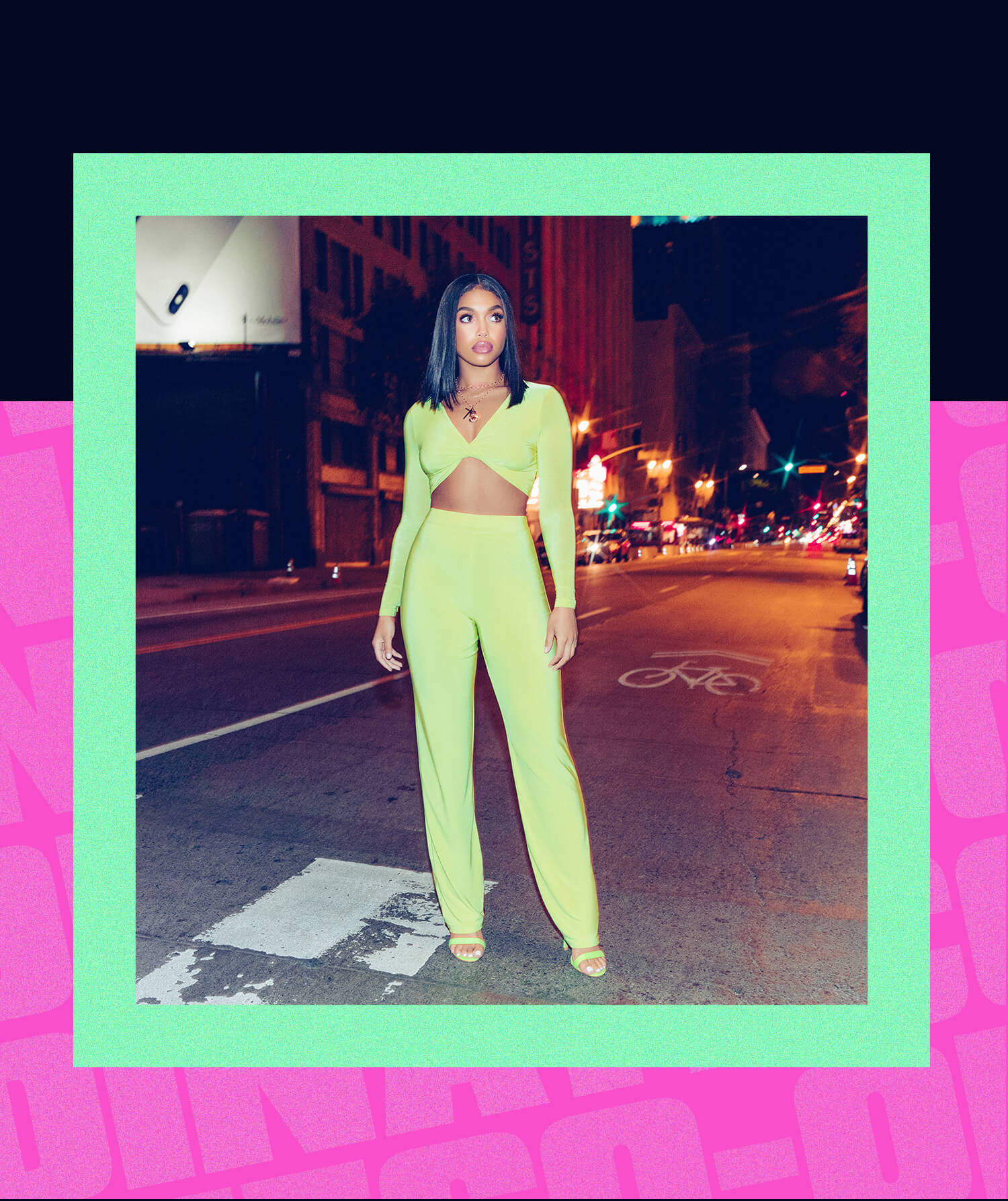 lime slinky twist front crop top and wide leg trousers mobile