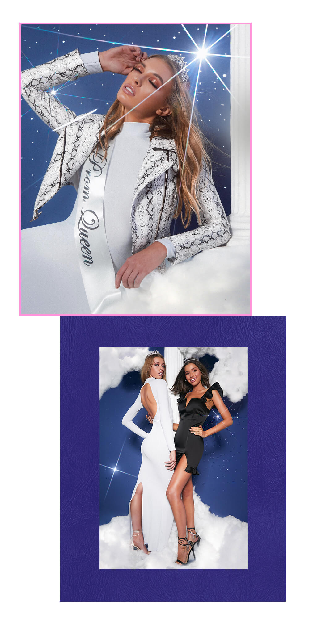 prom feature leopard print jacket, white midi dress and black bodycon dress lookbook image 1
