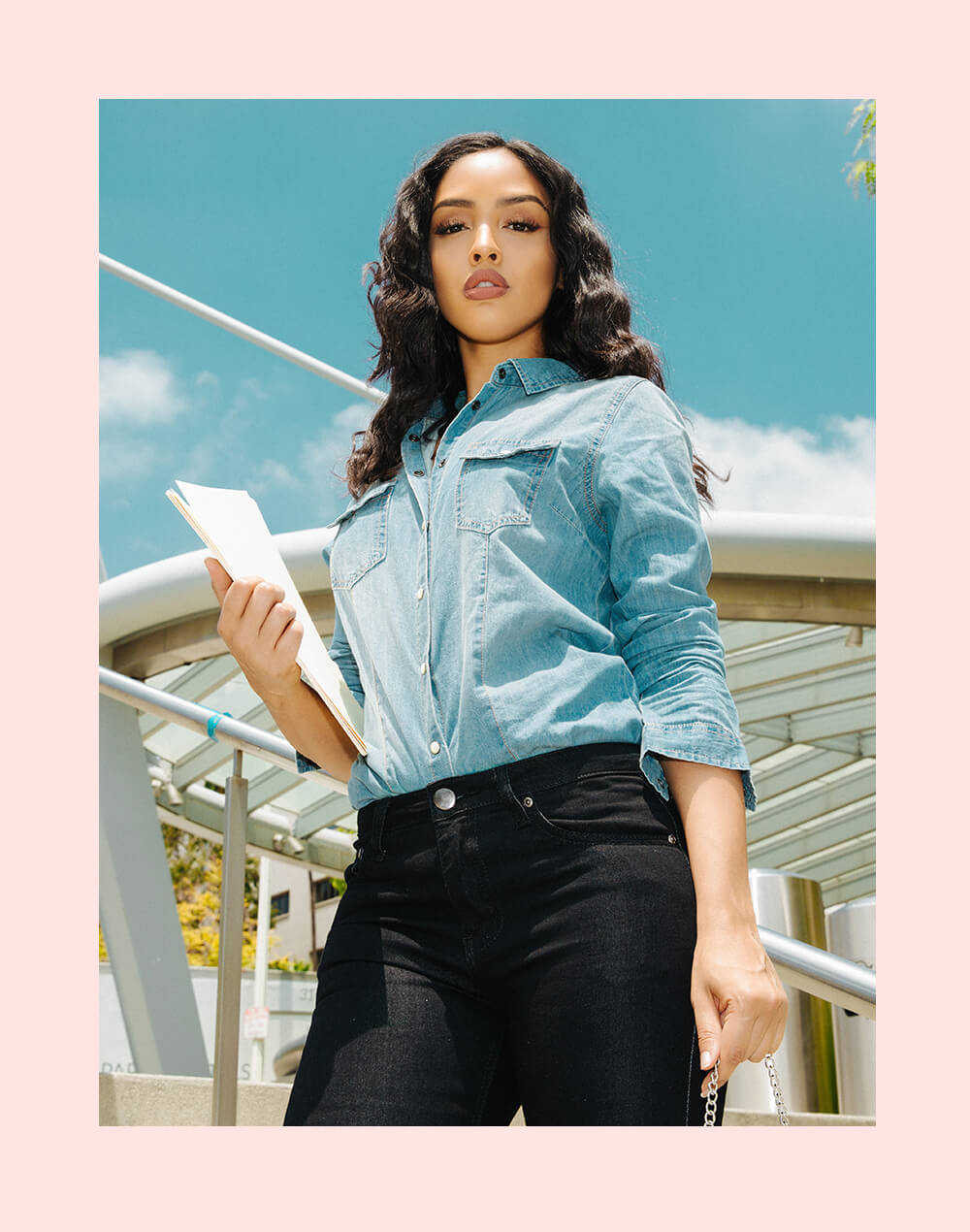 blue denim light wash shirt and black denim jeans mobile