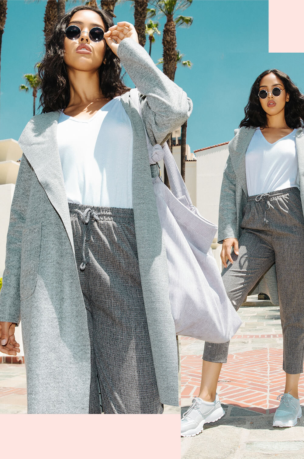 white basic t shirt and grey culottes mobile