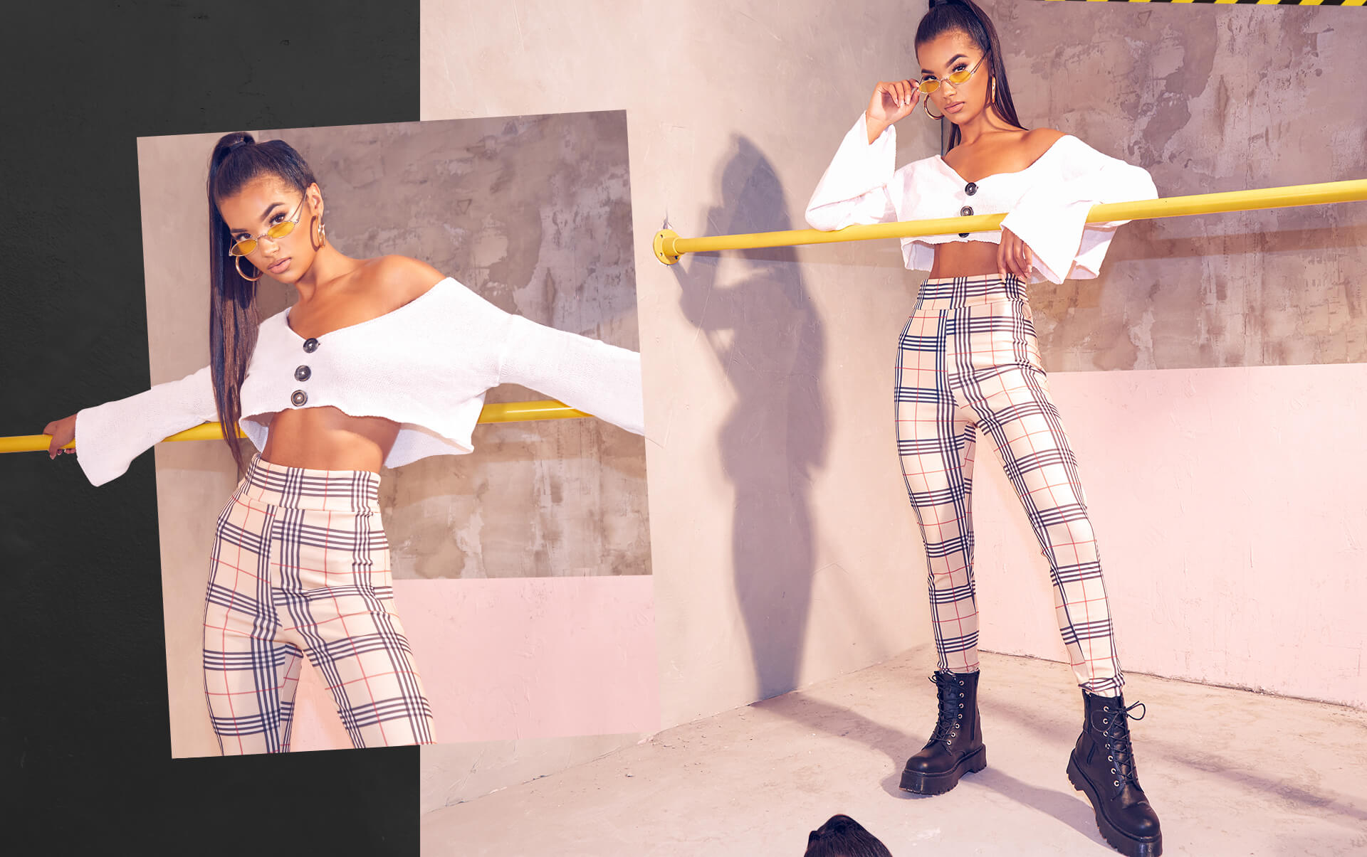 Workwear Shoot 1 White Cropped Jumper & Tartan Trousers Desktop