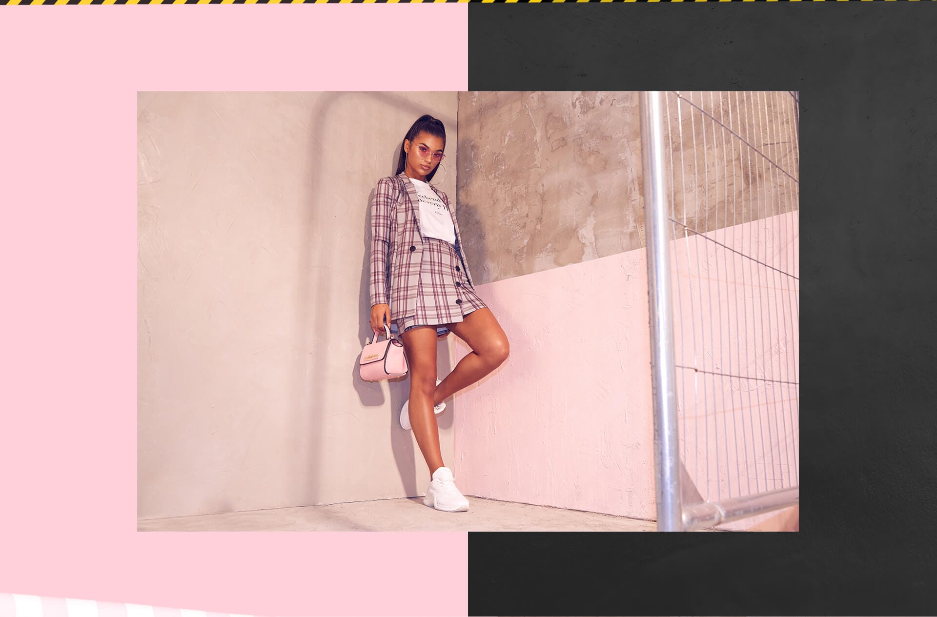 Workwear Shoot 10 Pink Tartan Blazer & Pink Mini Skirt & Oversized T-Shirt Desktop