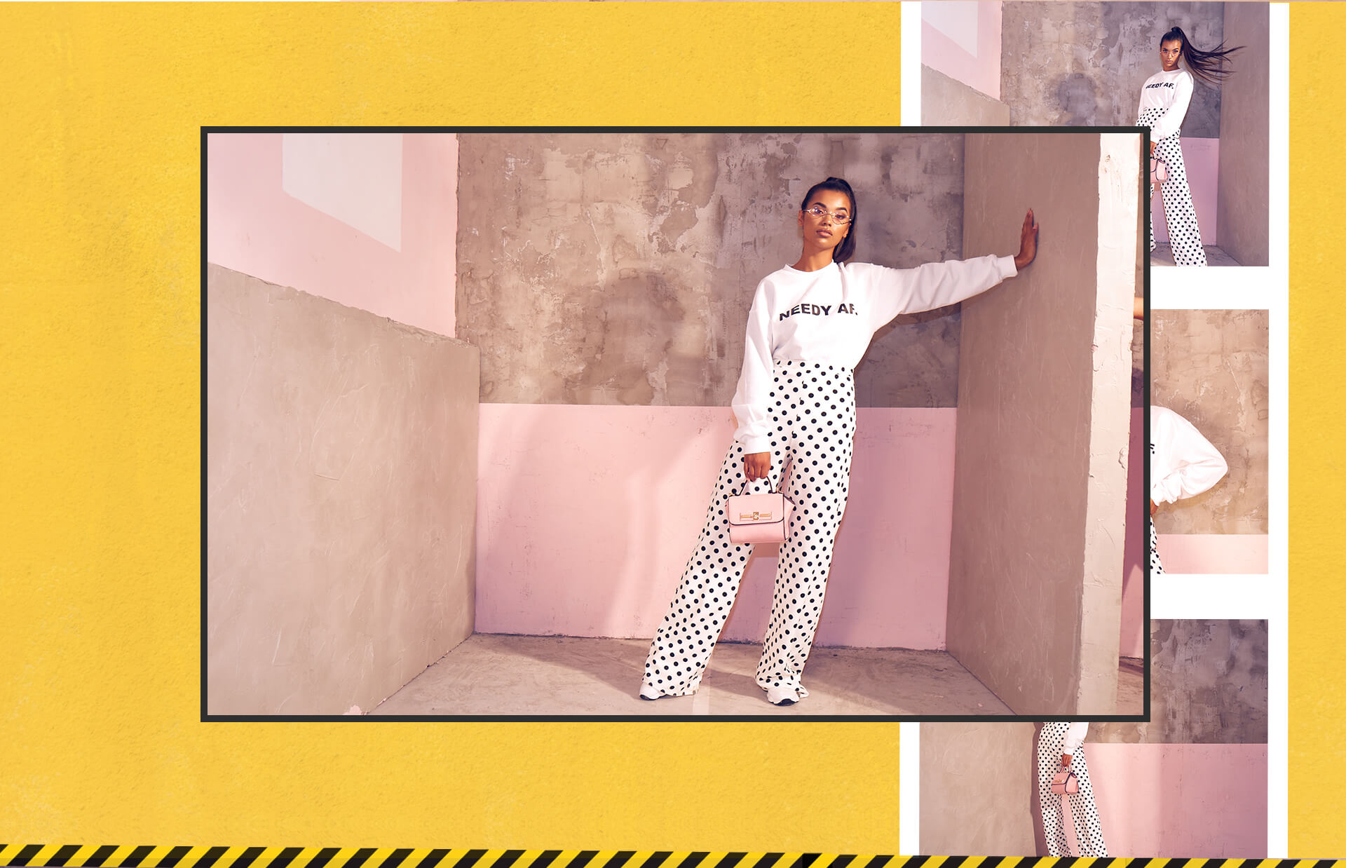 Workwear Shoot 8 Needy AF Jumper & Black Spotted Trousers Desktop