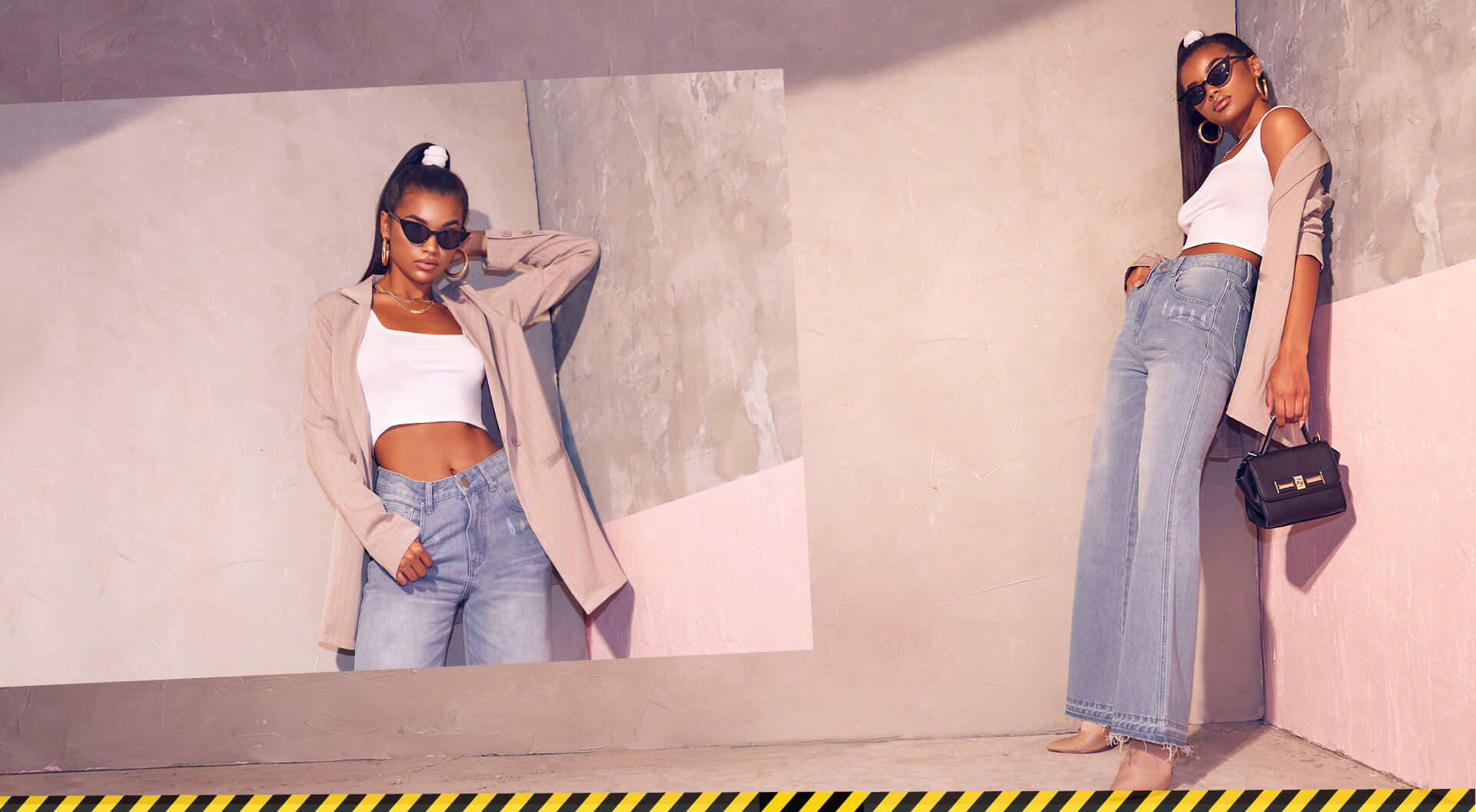 Workwear Shoot 9 White Crop Top, Mom Jeans & Beige Blazer Desktop