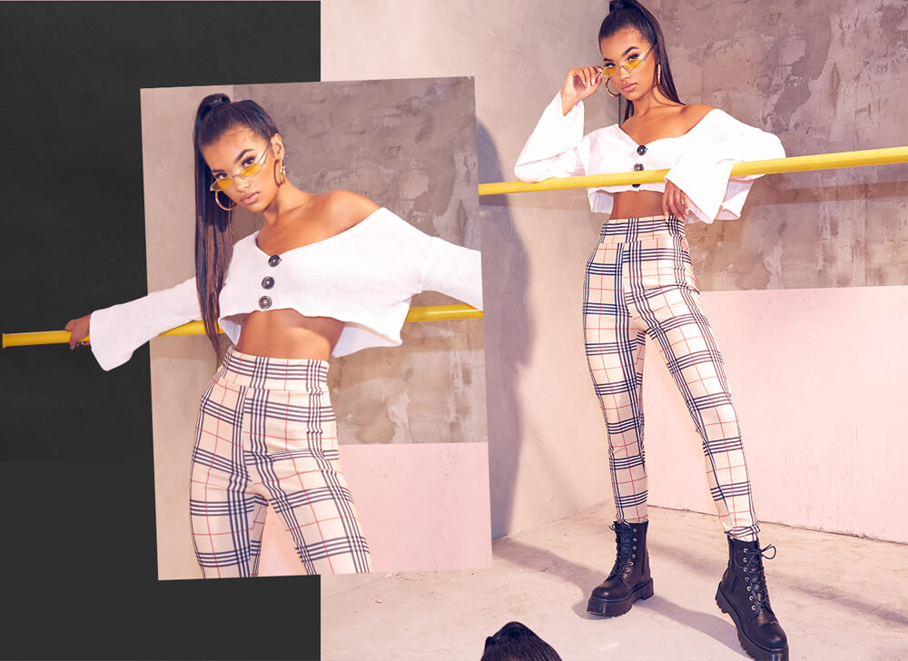 Workwear Shoot 1 White Cropped Jumper & Tartan Trousers Mobile