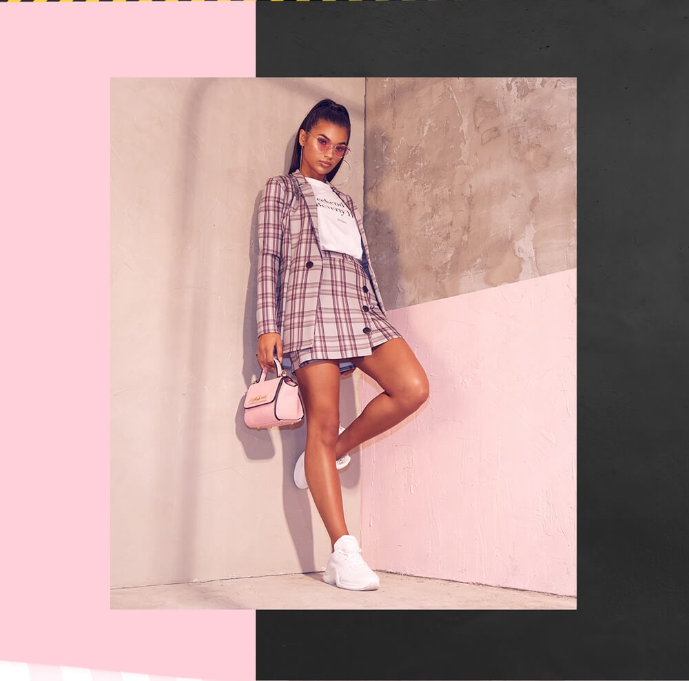 Workwear Shoot 10 Pink Tartan Blazer & Pink Mini Skirt & Oversized T-Shirt Mobile