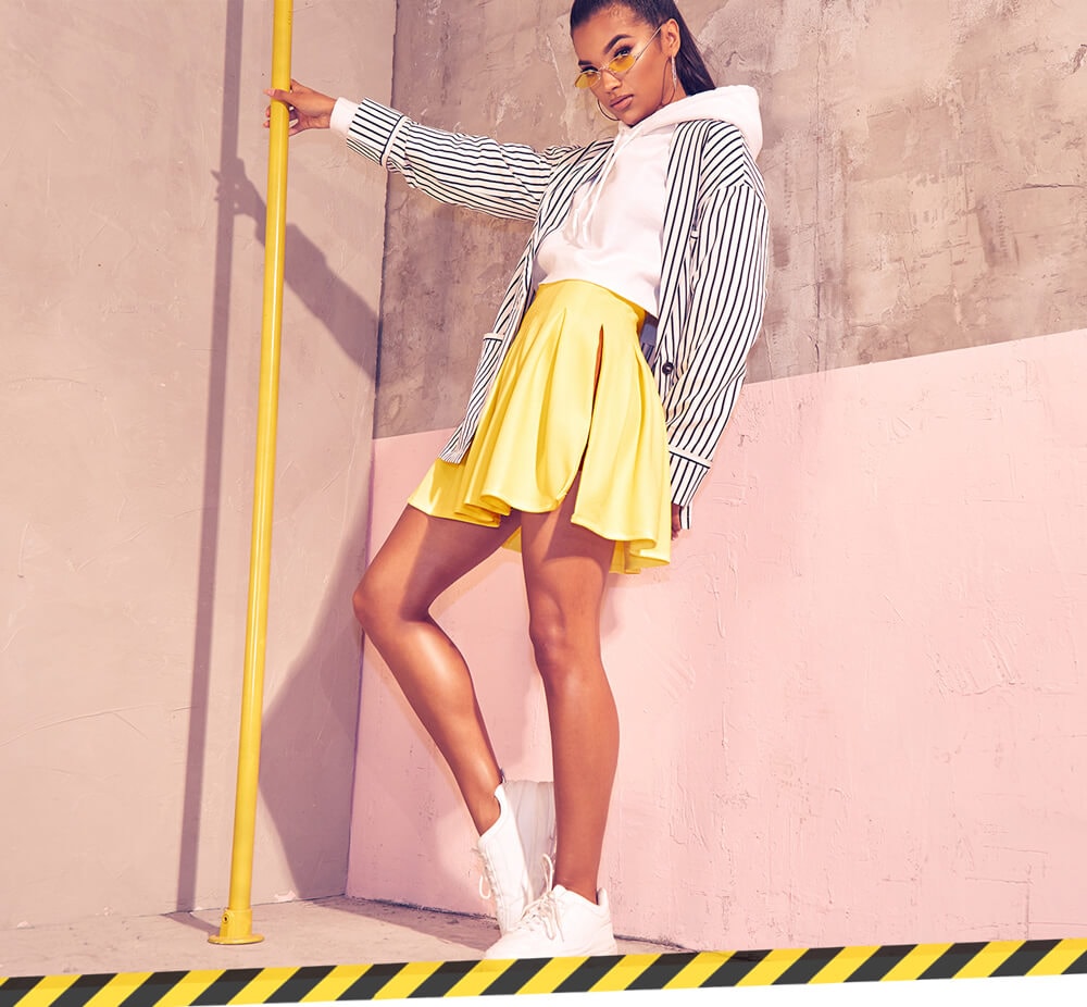 Workwear Shoot 2 Stripe Blazer, Yellow Mini Skirt & White Hoodie Mobile