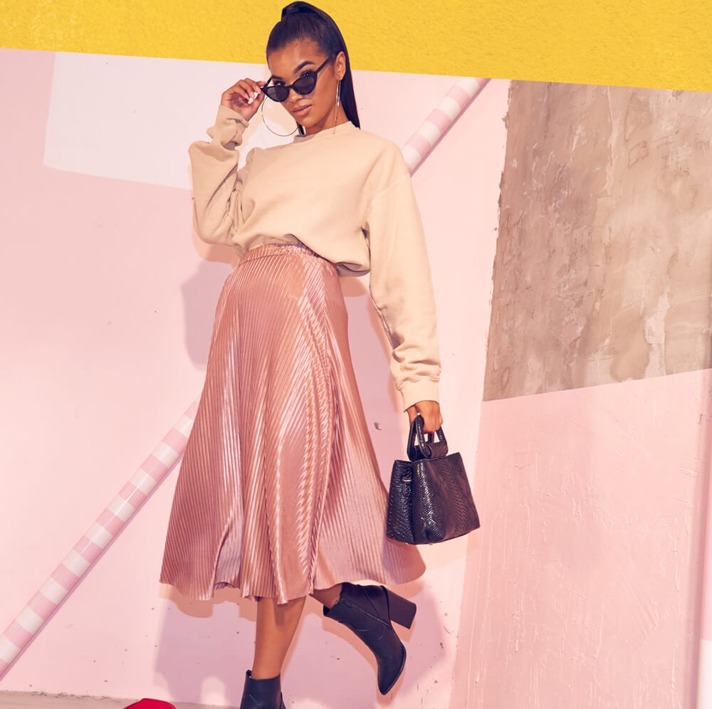 Workwear Shoot 5 Beige Sweater & Light Pink Midi Skirt Mobile