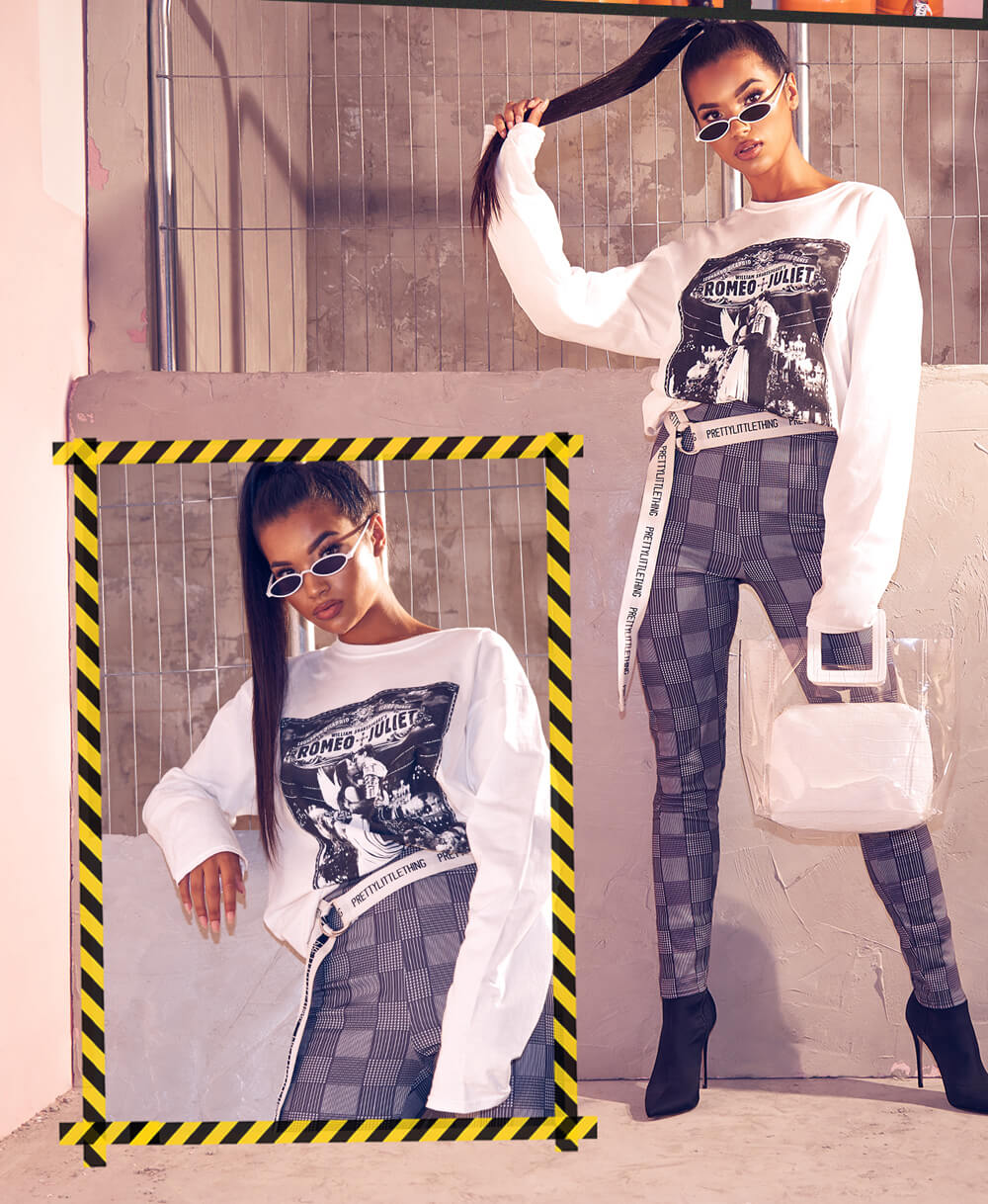 Workwear Shoot 7 Romeo + Juliet White Jumper & Grey Tartan Trousers Mobile