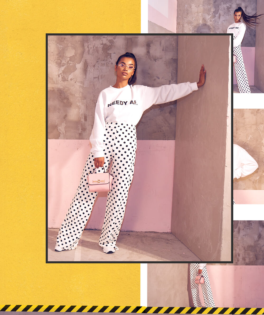 Workwear Shoot 8 Needy AF Jumper & Black Spotted Trousers Mobile