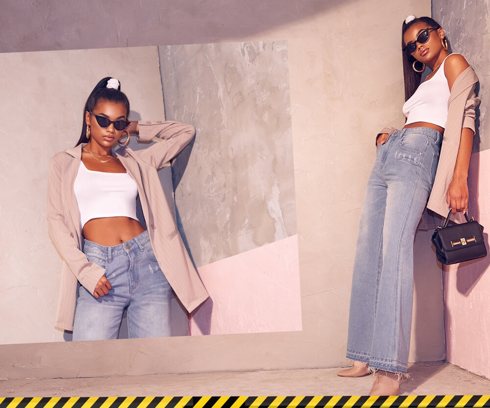 Workwear Shoot 9 White Crop Top, Mom Jeans & Beige Blazer Mobile
